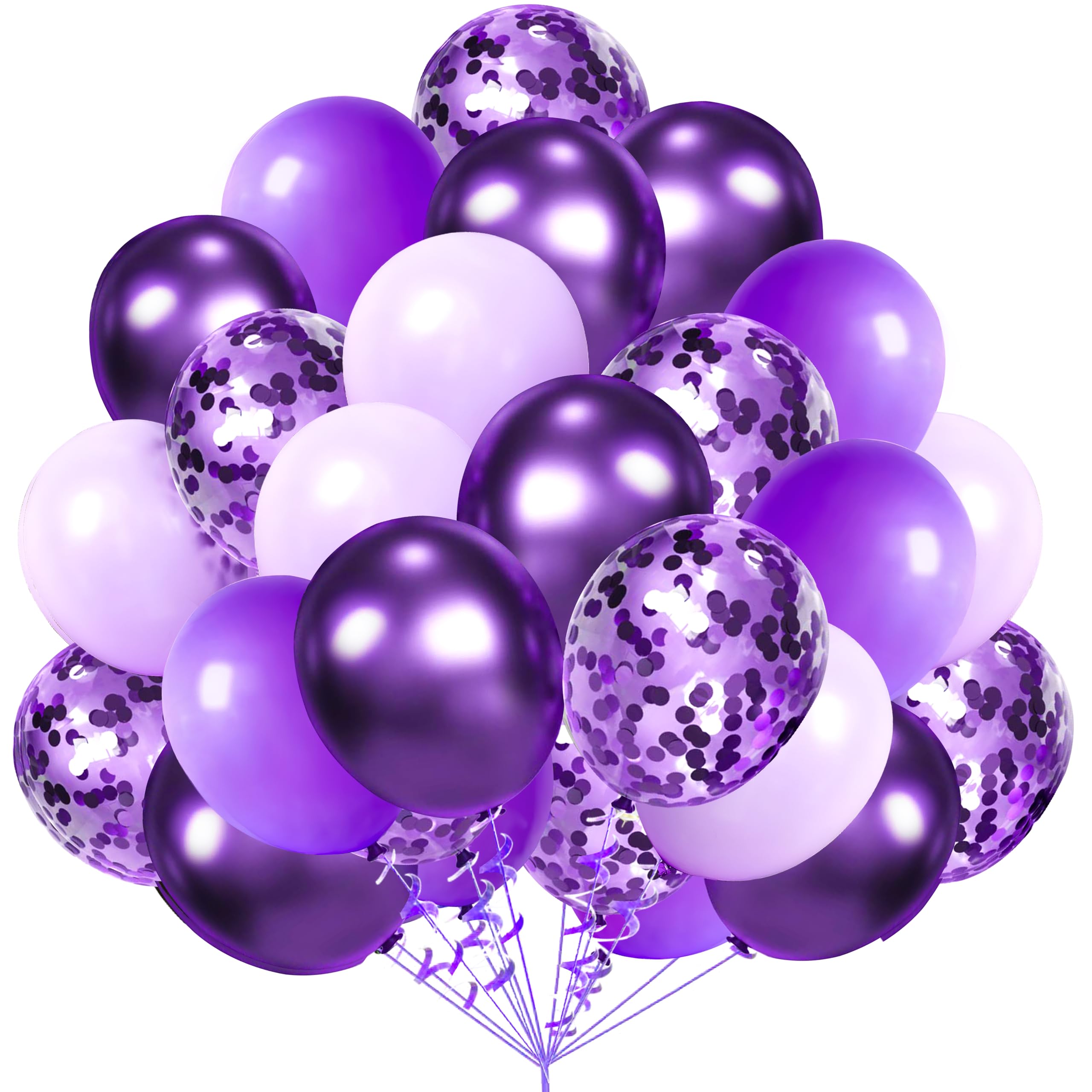 AULE Metallic Purple & Premium Latex Lavender Lilac Balloons (60 Pack, 12 Inches) with Purple Confetti Balloons & Ribbons Set - Perfect for Birthday, Bridal Shower, Wedding, Baby Shower & Party Decorations