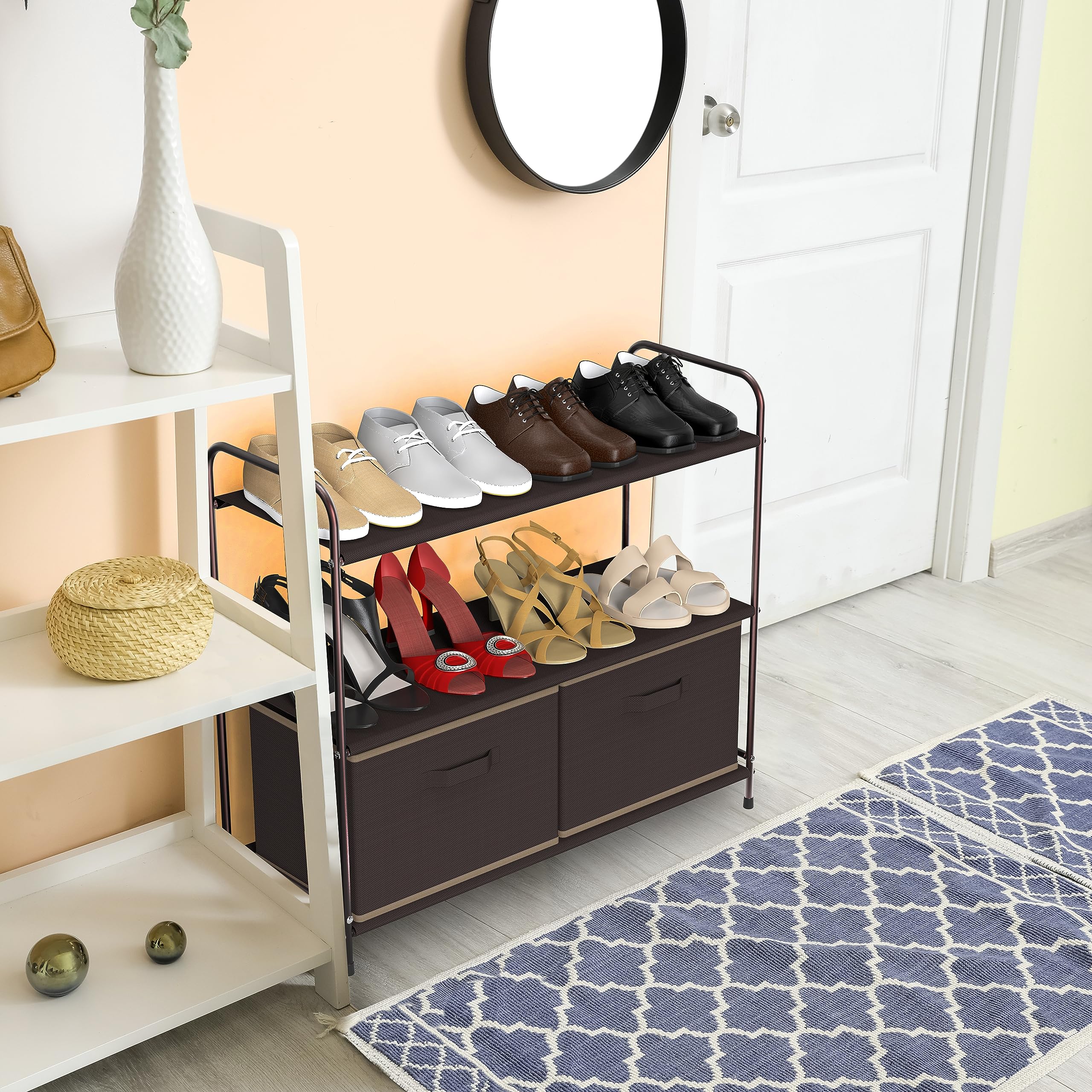 3-Tier Closet Organizer with 2 Drawers - Space Saving Storage Shelf for Bedroom, Closet & Bathroom - Brown Simple Houseware for Home Organization