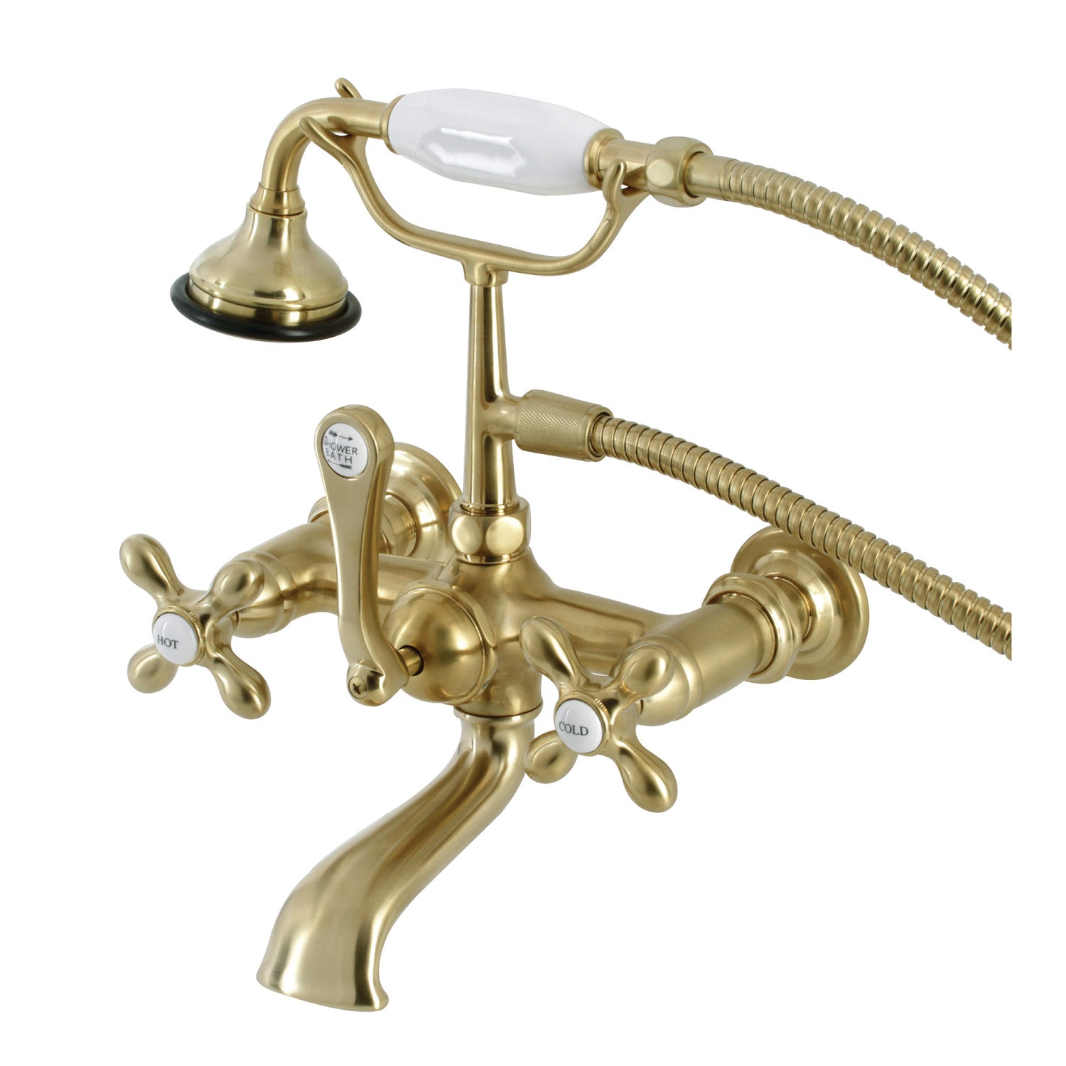 Vintage Clawfoot Tub Faucet with Hand Shower - 3 Handle Wall Mount Brushed Brass Bathroom Fixture for Antique & Classic Bathrooms