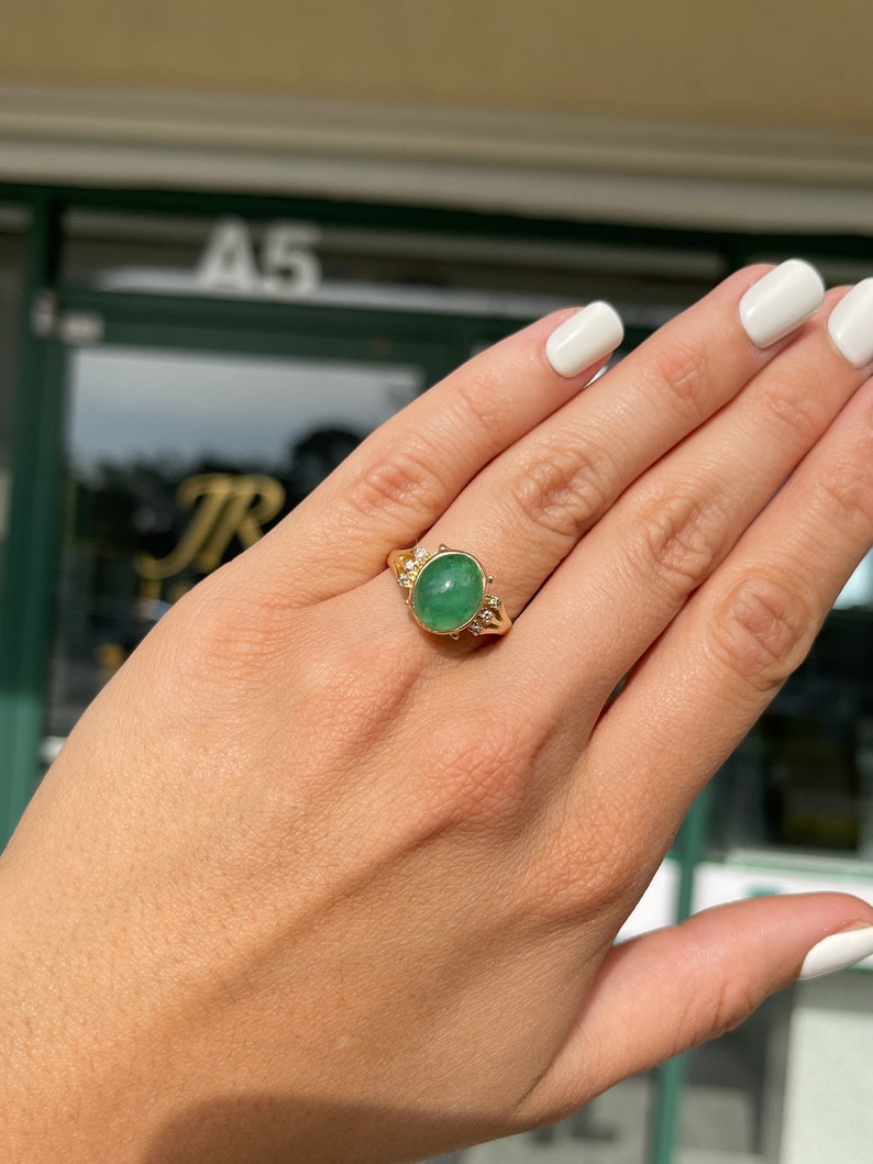 3.36tcw 14K Gold Natural Emerald Oval Cut Cabochon & Diamond Statement Ring for Women | Elegant Jewelry Gift for Anniversary, Engagement & Special Occasions