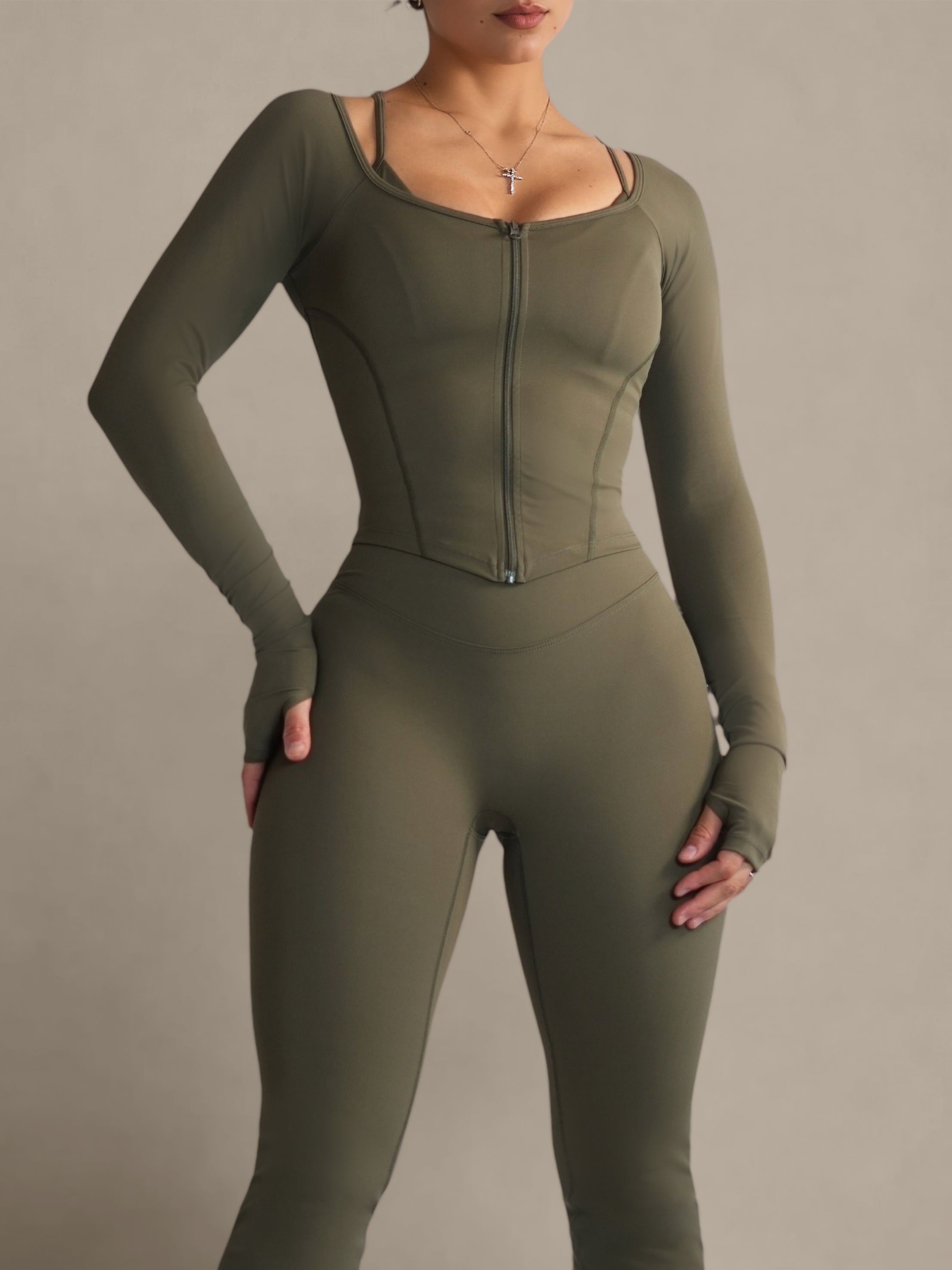 Bratty Women's Olive Green Compression Jacket - Lightweight Workout Top for Running, Yoga & Gym - Moisture Wicking Activewear