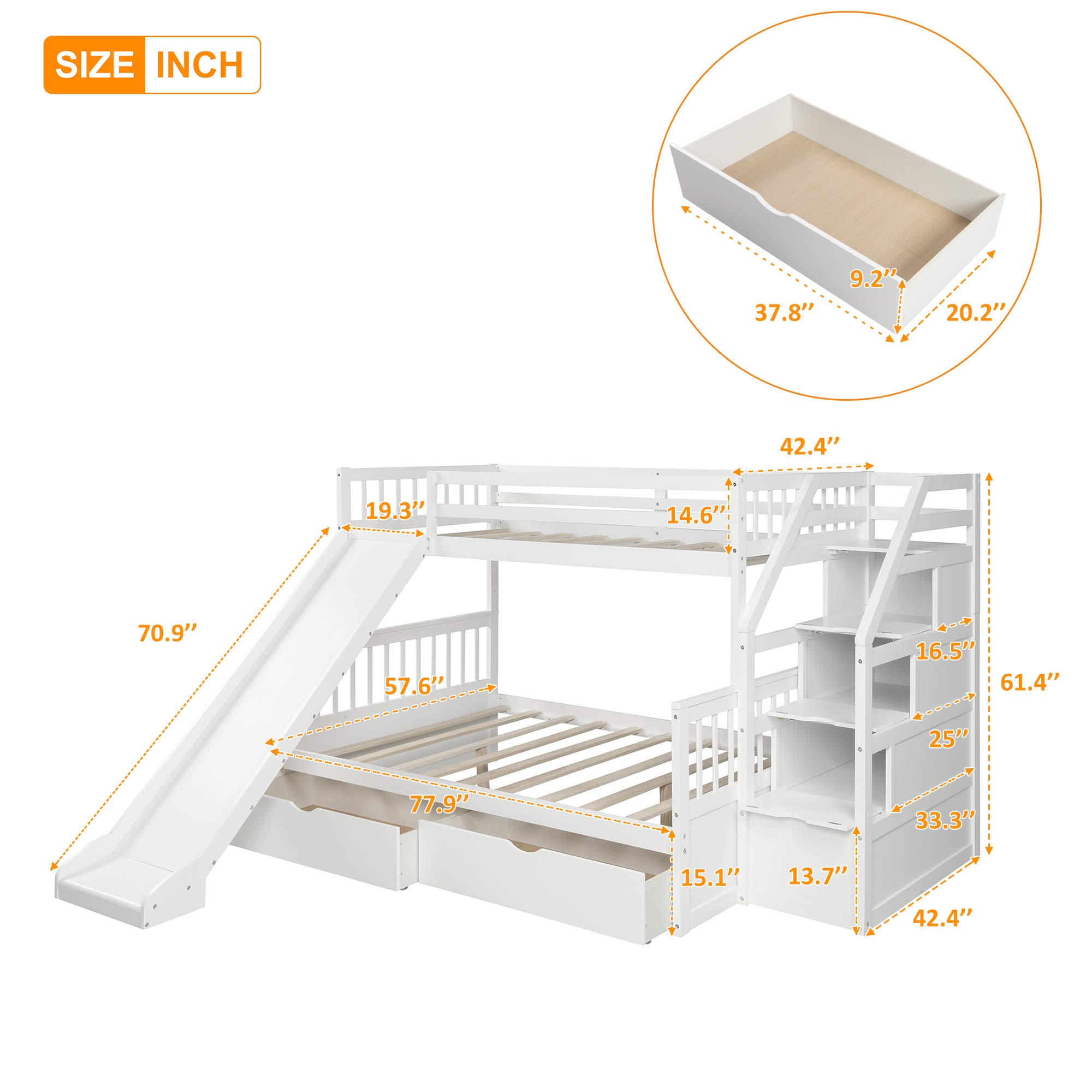 Twin Over Full Bunk Bed with Stairs & Storage - Kids & Adults - White