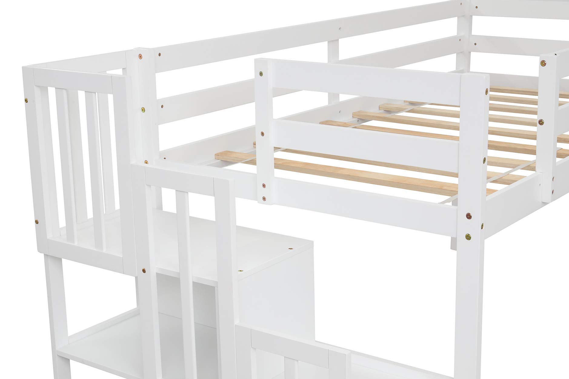Twin Size Solid Wood Loft Bed with Staircase Storage Shelf - Kids Bunk Bed with Ladder & Shelves - Space Saving White Wooden Bed for Small Rooms - Perfect for Kids Bedrooms, Dorms & Tiny Homes
