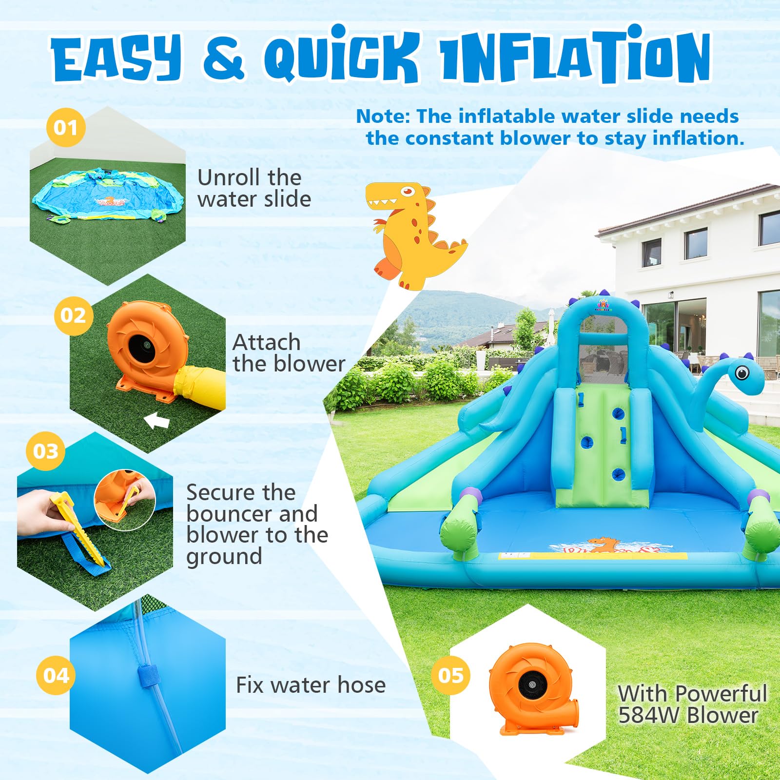 Dinosaur Inflatable Water Slide for Kids - BOUNTECH Mega Waterslide Park with Dual Racing Slides, Climbing Wall & Blower | Outdoor Backyard Water Play for Summer Parties, Birthday Gifts & Family Fun