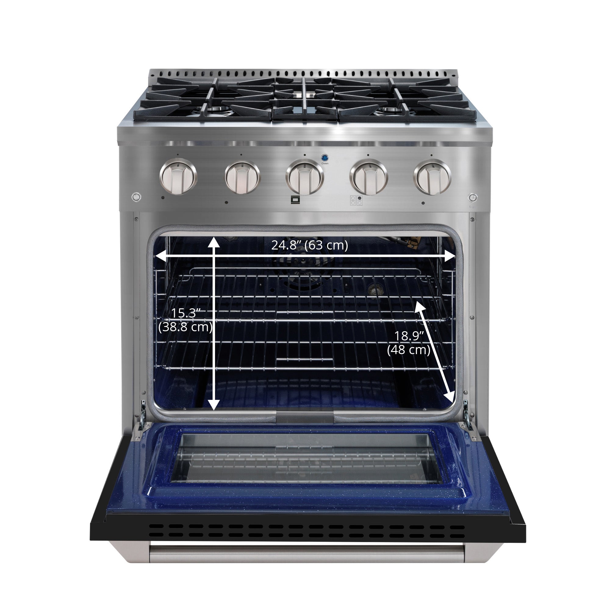 Ancona 30 Inch 4.2 cu ft Stainless Steel Gas Range with 4 Burners, Convection Oven & Black Door - Perfect for Home Kitchen Cooking, Baking & Entertaining