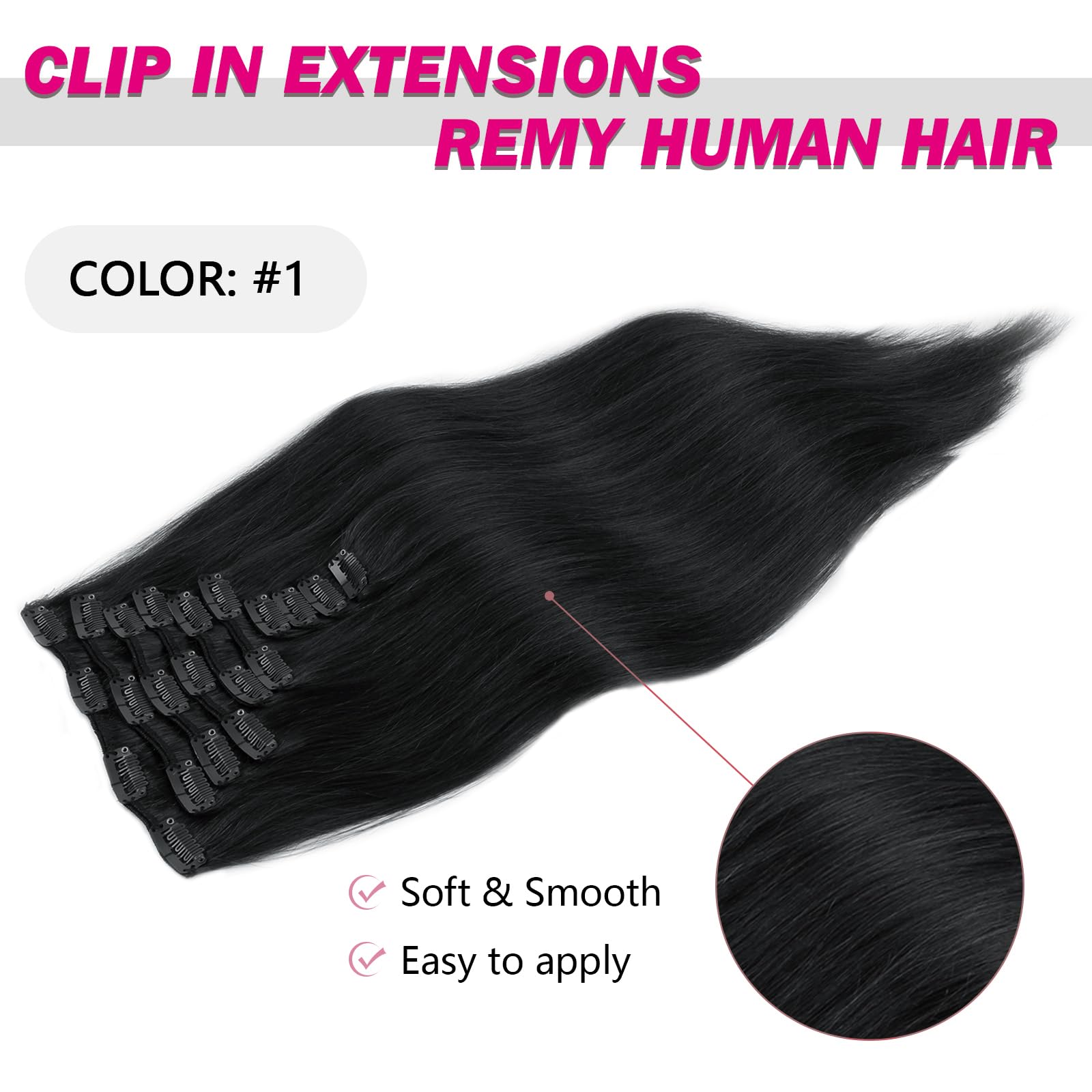SixStarHair Jet Black Clip In Hair Extensions 180g 10 Pieces 20inch - Remy Virgin Human Hair Double Wefted Thick Sewn In Clip On Extensions for Quick Application - Perfect for Parties, Weddings & Daily Styling [Color 1 Jet Black 20inch]