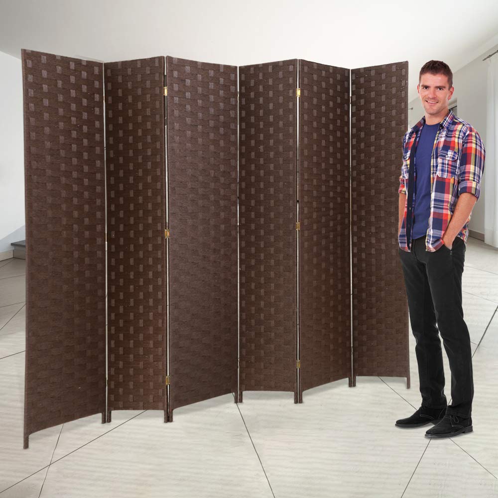 6 Panel 6 ft Foldable Room Divider - Handcrafted Wood Mesh Woven Design Privacy Screen for Home & Office - Portable Freestanding Partition for Bedroom, Living Room, Studio - Brown