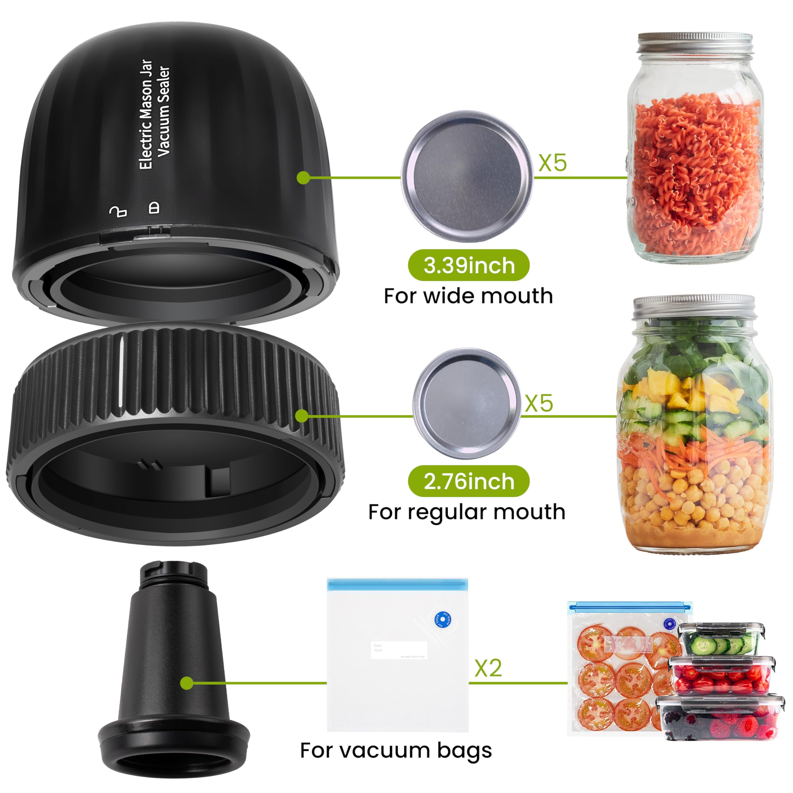 3-in-1 Electric Mason Jar Vacuum Sealer Kit - Wide & Regular Mouth Jar Sealer with Auto-Stop, Anti-Slip Grip & Opener - Includes Lids & Vacuum Bags for Food Storage, Meal Prep & Canning - Perfect for Home Kitchen, Camping & Emergency Food Preservation