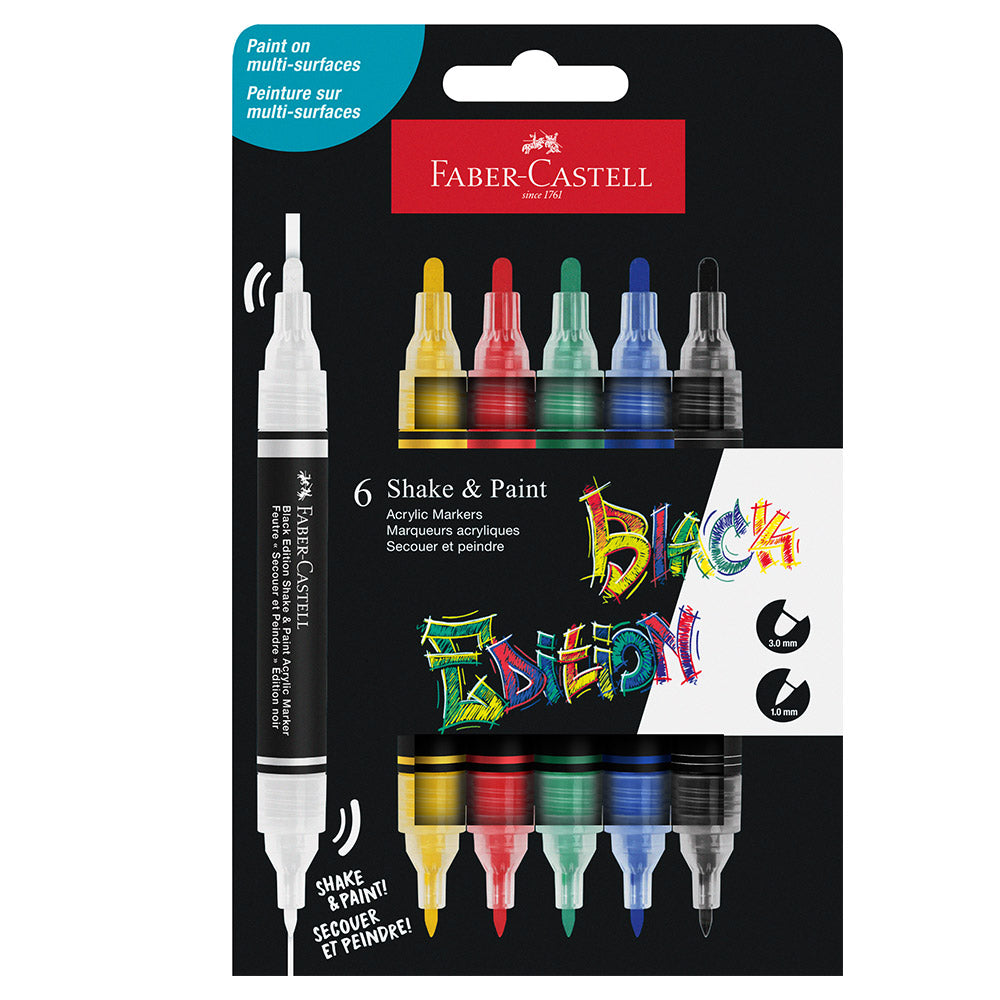 Faber-Castell Black Edition Shake & Paint Acrylic Markers - 6 Classic Colors Set for Artists & DIY Projects - Perfect for Canvas Painting, Scrapbooking & Home Decor