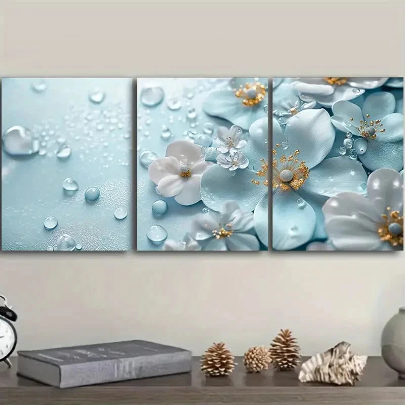 3-Piece Turquoise Glass Flowers Wall Art Set - Framed Canvas 40x60cm (16x24in) - High Quality Print - 100% Australian Made - Ready to Hang - Perfect for Living Room, Bedroom & Office Decor