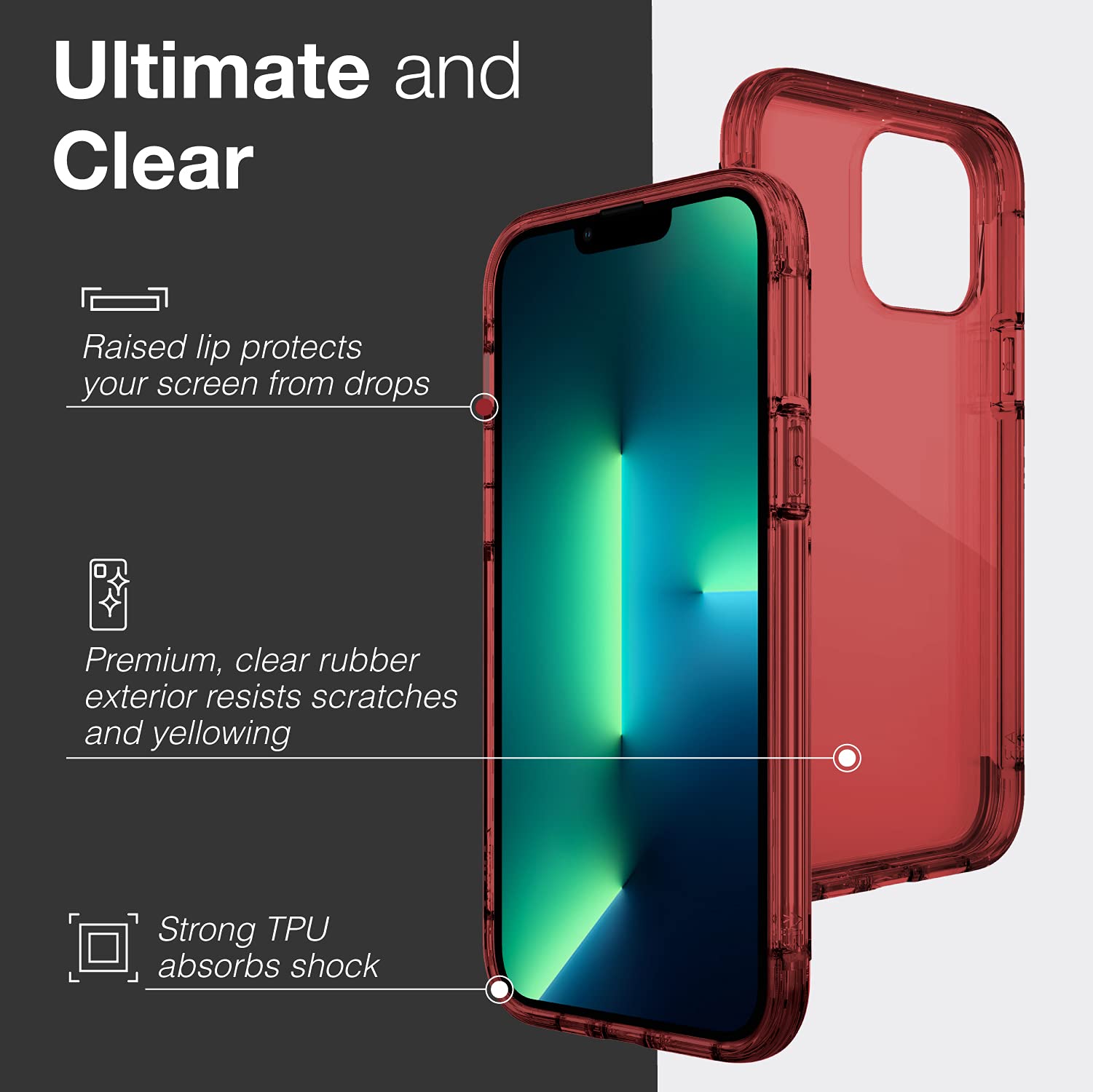 RAPTIC Air Shockproof Clear Case for iPhone 13 Pro Max - Ultra Thin Protective Cover with Aluminum Metal Bumper | Wireless Charging Compatible | 13ft Drop Protection | Perfect for Outdoor Activities & Daily Use (Red)