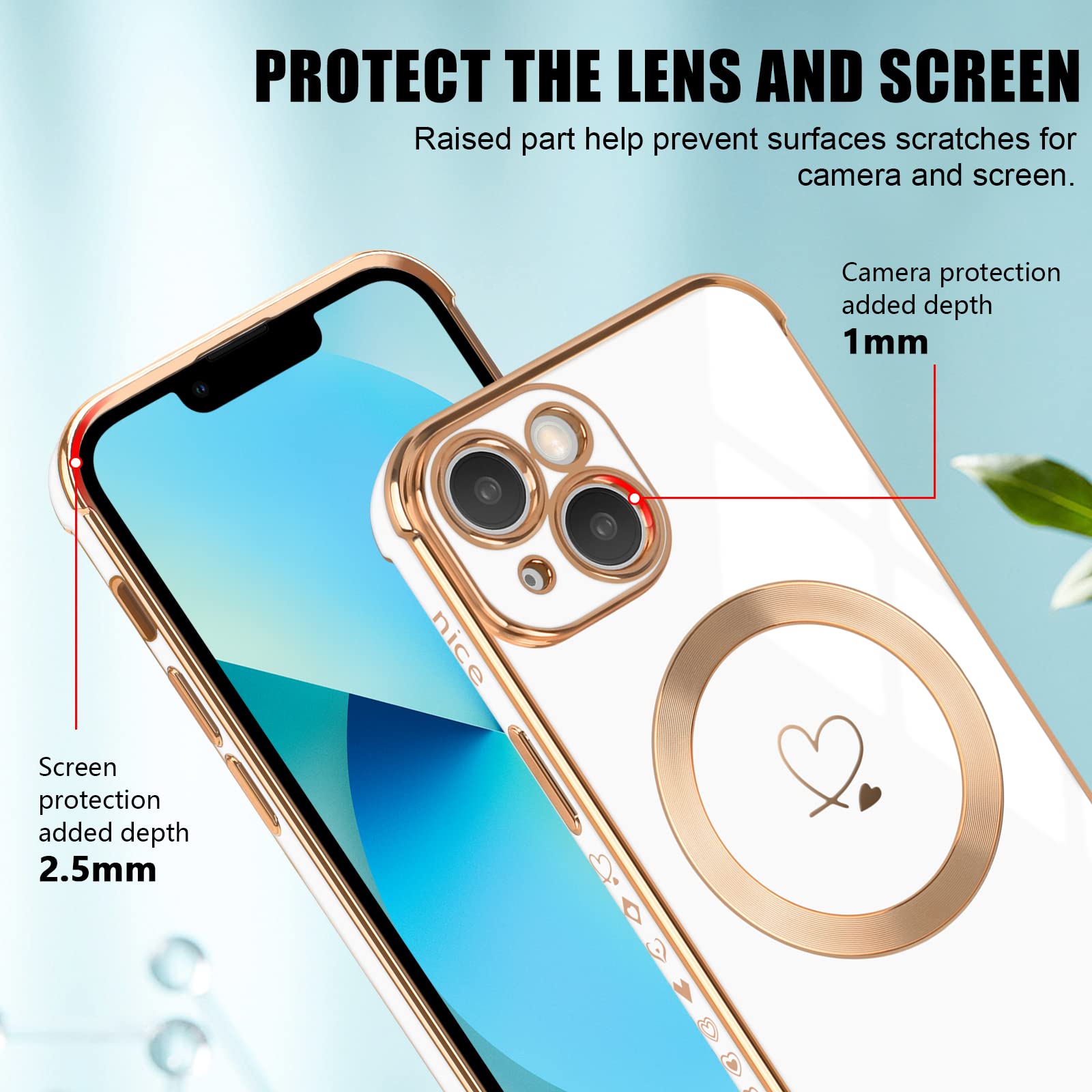 Newseego Magnetic Case for iPhone 13 with MagSafe - Cute Love Heart Pattern & Plating Edge - Soft Silicone Shockproof Protective Cover for Women (White) - Perfect for Daily Use, Work, and Travel