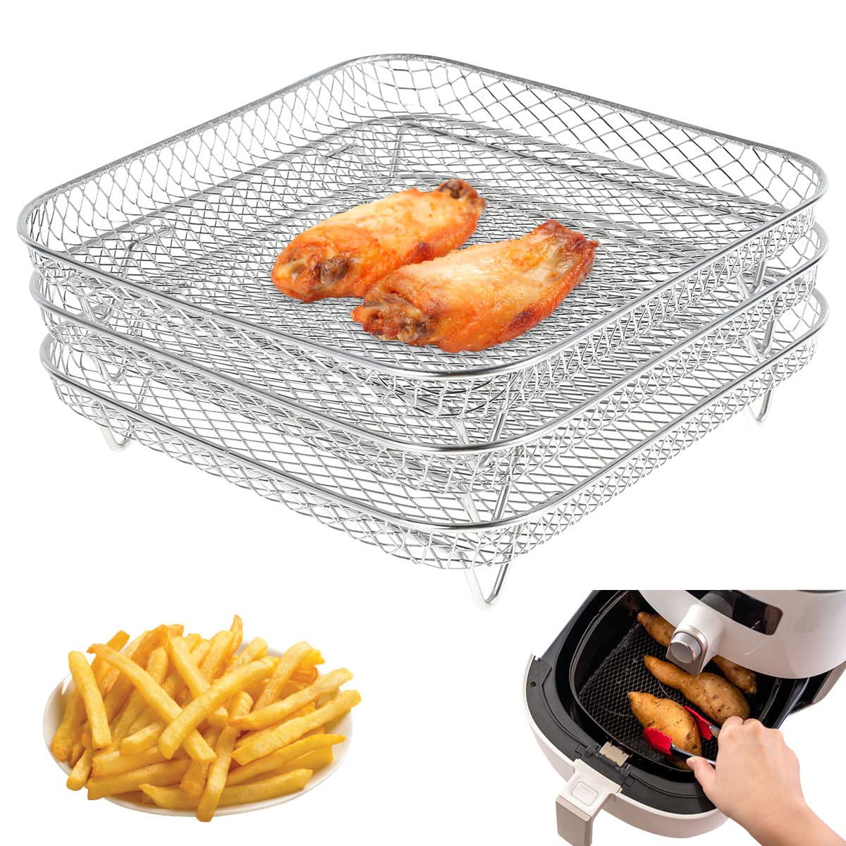 3-Tier Stackable Stainless Steel Air Fryer Racks & Dehydrator Trays - Square Basket Accessories for 5.8QT & 7.5L-8L Air Fryers - Perfect for Cooking, Baking, and Food Dehydrating