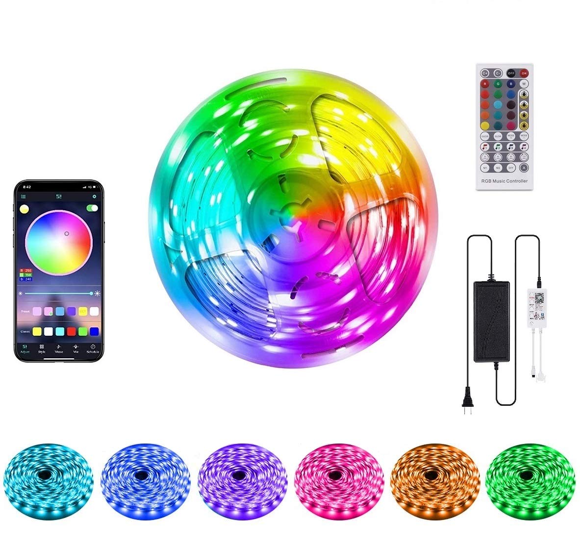 50ft LED Strip Lights RGB Color Changing with Bluetooth Music Sync, 5050 Flexible Tape Lights with 24V Power Supply & 44-Key IR Remote - Perfect for Bedroom Decor, Party Lighting & Home Decoration