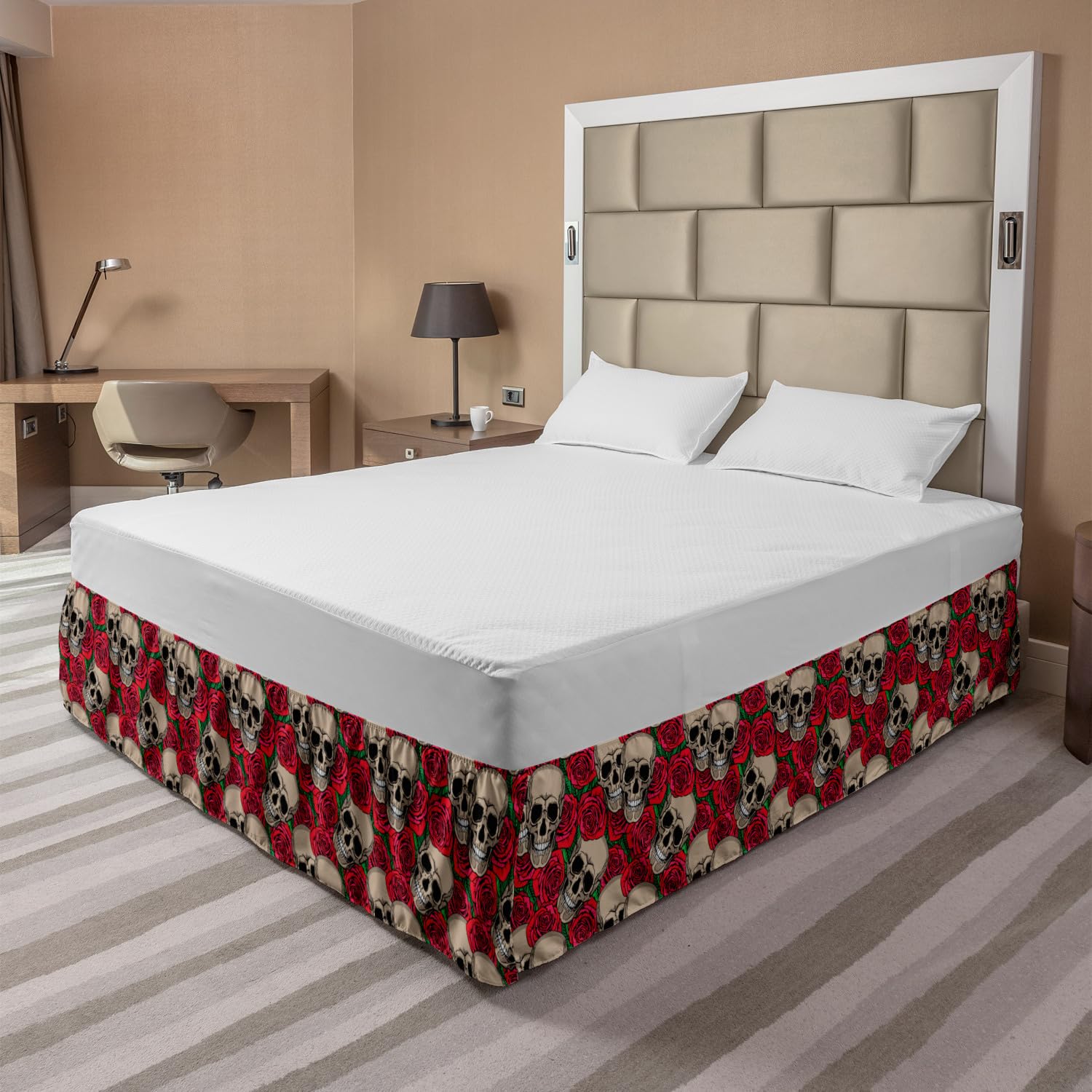 Ambesonne Elastic Bed Skirt - Gothic Rose & Skull Design, Halloween Inspired Retro Pattern, Wrap Around Dust Ruffle for Queen Size Beds (Vermilion/Tan/Green) | Perfect for Gothic Bedroom Decor & Themed Halloween Parties