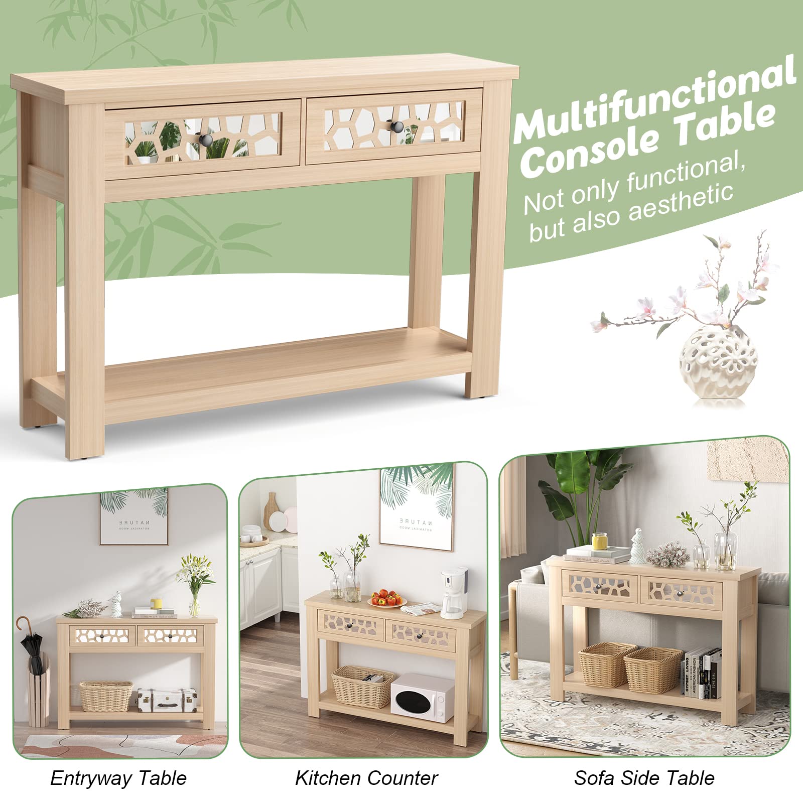Giantex 2-Tier Wooden Console Table with 2 Drawers & Open Storage Shelf - Entryway Table for Living Room, Hallway, or Foyer - Easy Assembly Rectangular Accent Table (Natural Finish) - Perfect for Small Spaces, Home Decor & Organizing Keys, Mail & Essentials