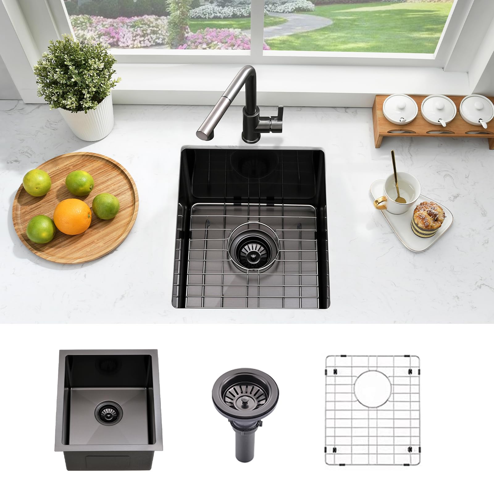 Bokaiya 13x15 Inch Undermount Black Bar Sink - 16 Gauge Stainless Steel Small Wet Bar Sink with Bottom Grid & Strainer - Perfect for Kitchenettes, Home Bars, RV, and Outdoor Entertaining