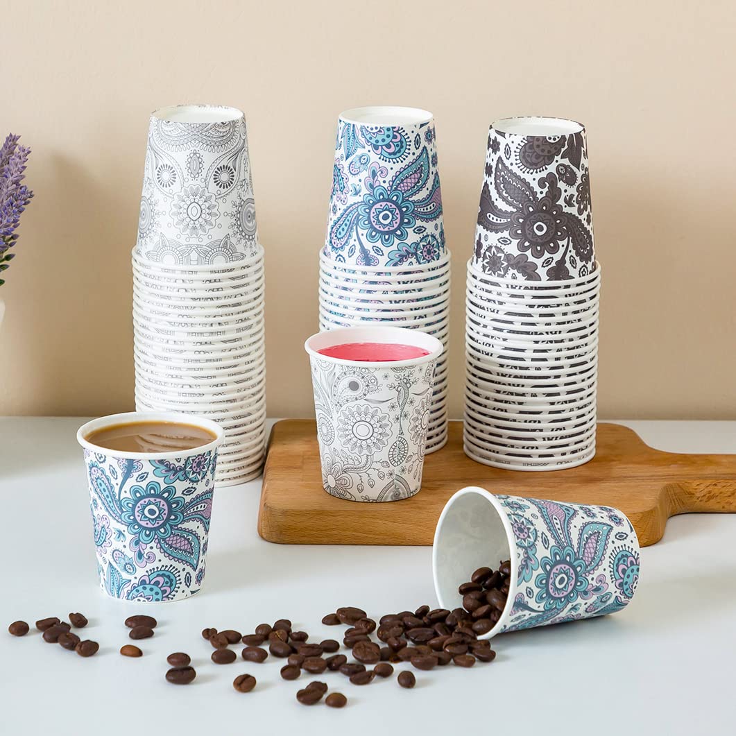 [300 Pack] 3 oz Disposable Paper Cups - Small Bathroom Cups for Mouthwash, Travel & Parties | Eco-Friendly Mini Paper Cups for Supermarkets, Events, Picnics, BBQs & Home Use (Paisley Design)
