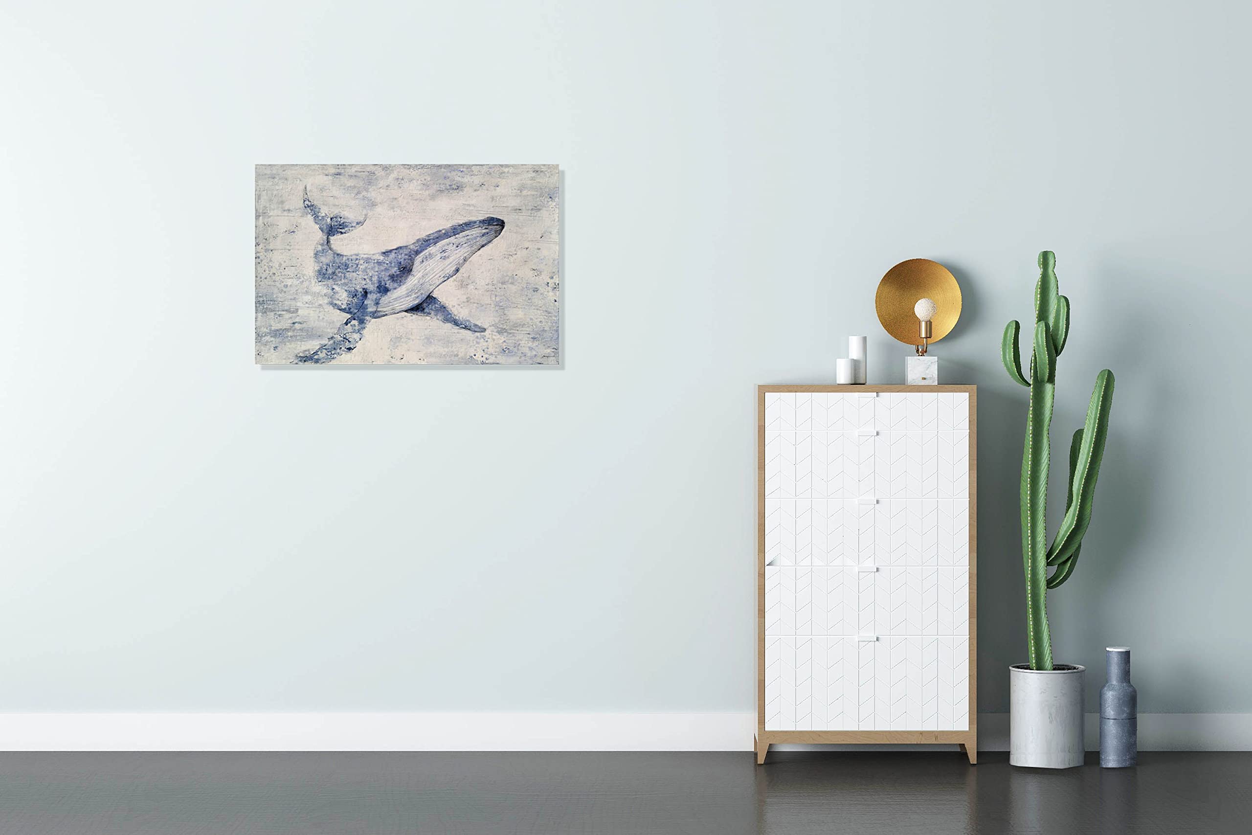 Hand Painted Blue and White Abstract Whale Canvas Wall Art - Modern Coastal Animal Painting for Living Room, Bedroom, Bathroom Decor | Perfect for Beach House, Nursery & Office Wall Decoration