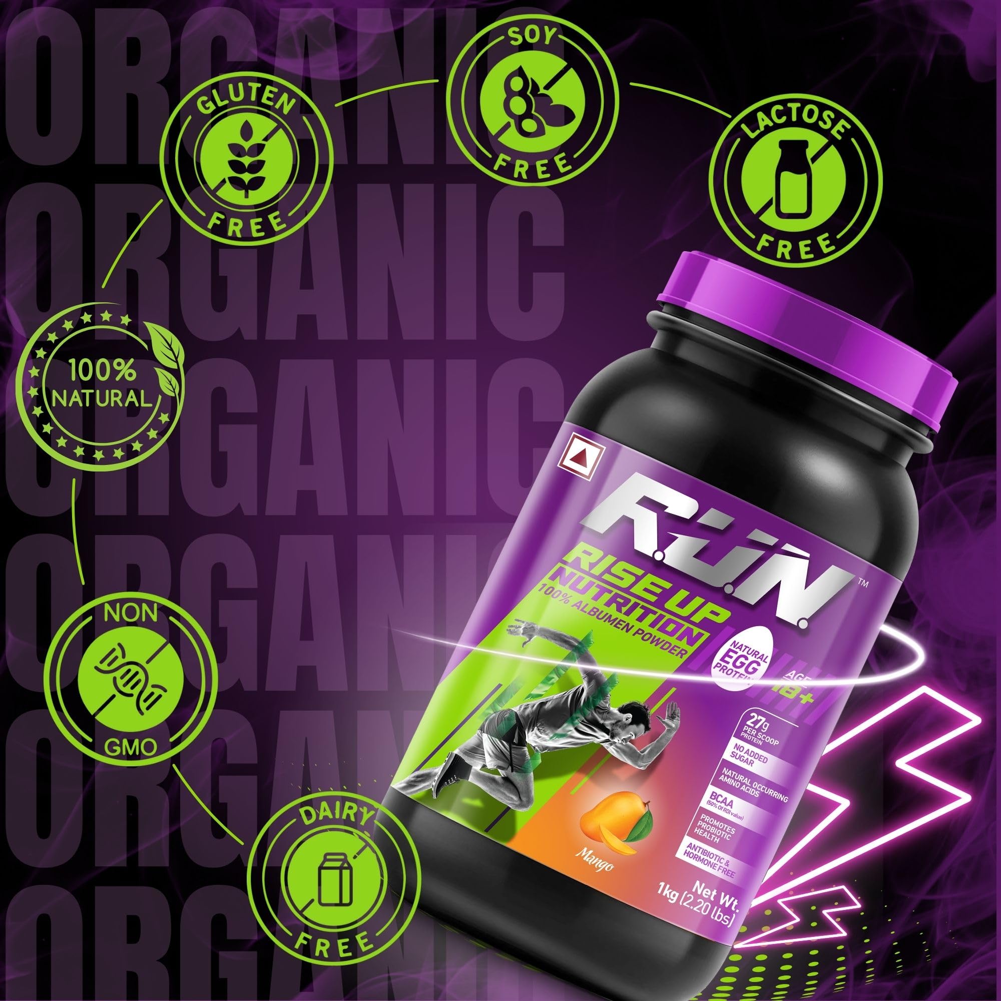 R.U.N-RISE UP NUTRITION Egg White Protein Powder for Athletes & Fitness - 27g Protein, 14g EAA, Lactose/Soy/Gluten Free - Supports Immunity & Muscle Recovery - Mango Flavor 1kg - Perfect for Post-Workout Shakes, Smoothies & Baking