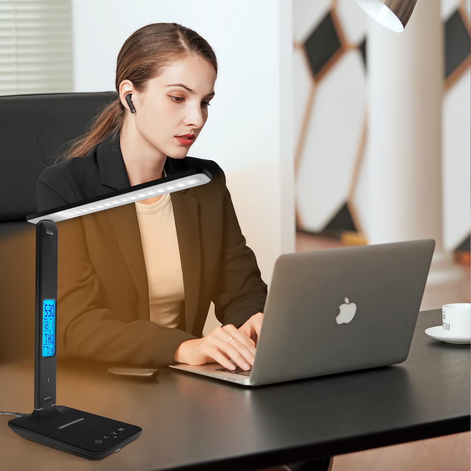 Wireless Charging Desk Lamp with USB Port, Dimmable LED Office Light with Clock, Alarm, Date & Temperature Display - Foldable Table Lamp for Bedroom, Bedside, Study & Office Workspace (Black) | Perfect for Night Reading, Working & Phone Charging