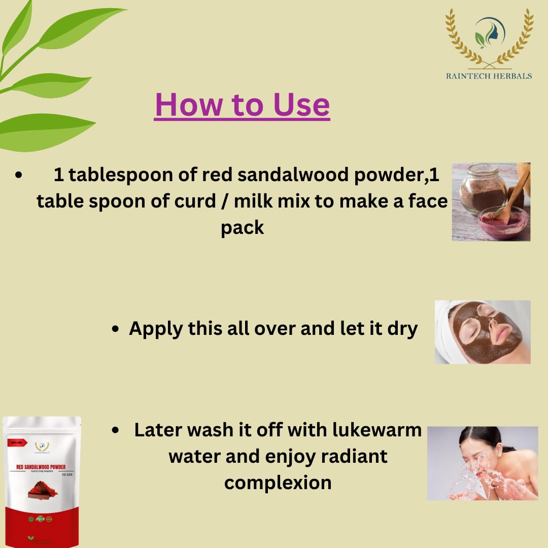 RAINTECH HERBALS Natural Red Sandalwood Powder (Rakthachandana Podi) 100g | Soothing Exfoliating Face Mask for Glowing Skin | Vegan & Cruelty-Free Formula for Men & Women | DIY Skincare, Ayurvedic Beauty Routine & Spa Treatment