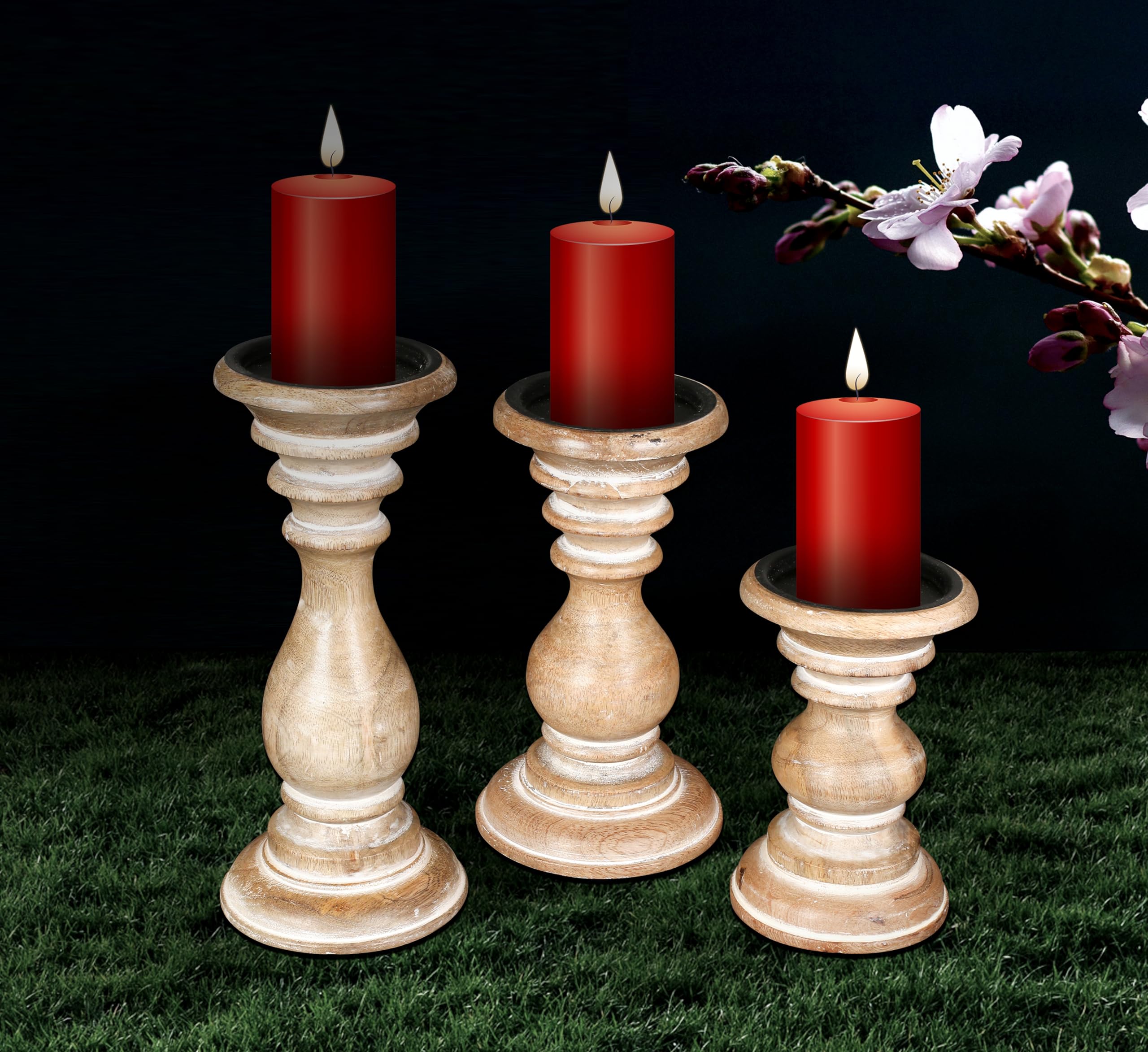 Rustic Whitewashed Wooden Candle Holder Set of 3 - Farmhouse Style Tall Pillar Candle Holders (10