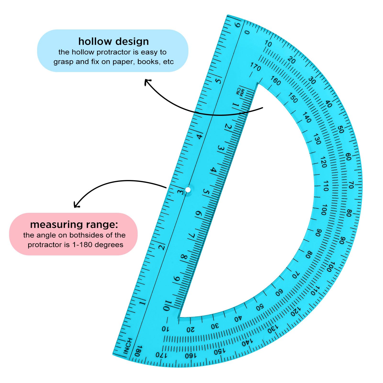 Zonon 3 Pack 6 Inch Plastic Protractor Set - 180 Degree Math Tools for Students & Teachers (Pink, Blue, Clear) - Perfect for Classroom, Geometry Homework & Office Supplies
