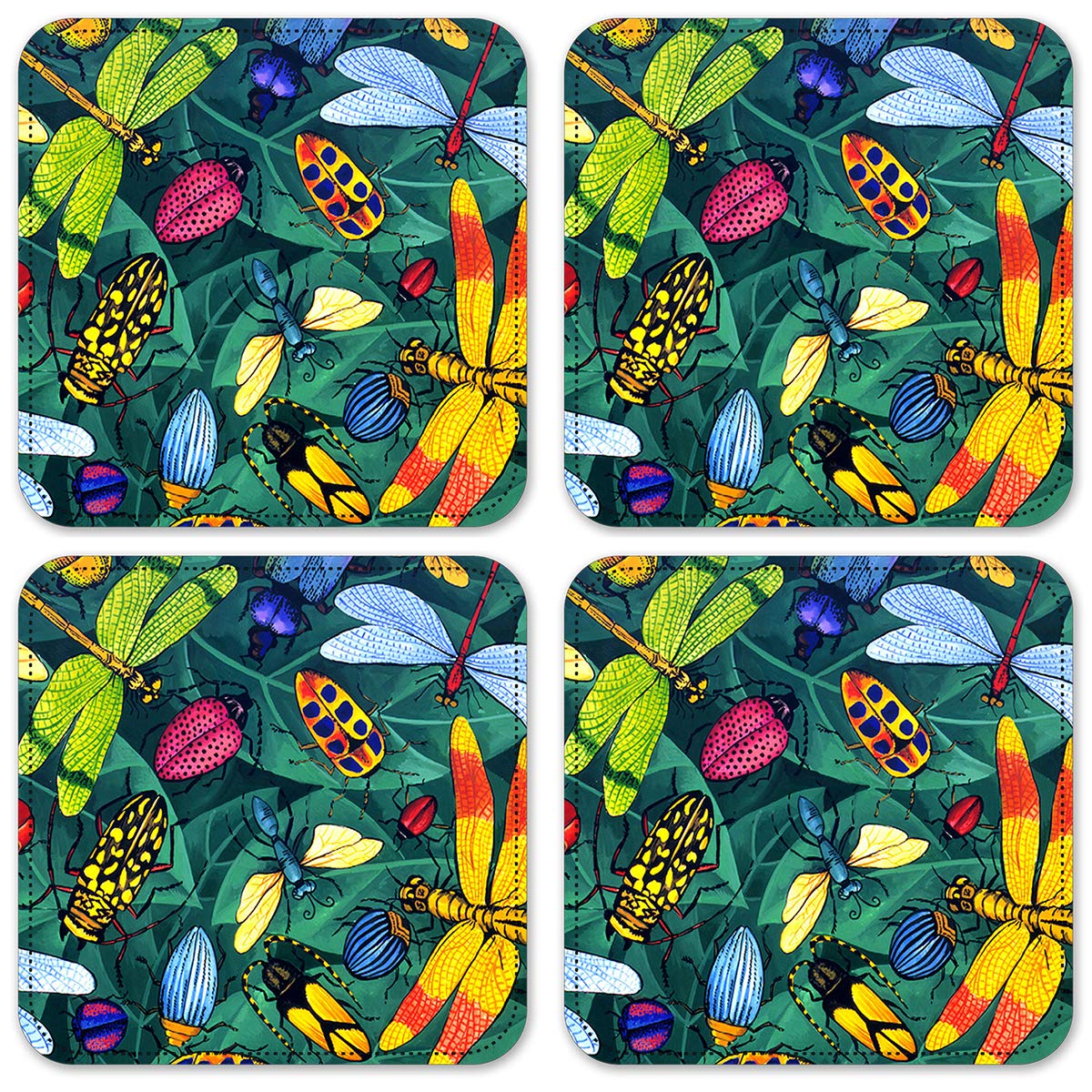 Premium Vinyl Drink Coasters Set of 4 - Cute Bugs Design - Absorbent & Non-Slip Coasters for Coffee, Beer, Wine - Perfect for Home, Office, or Party Use