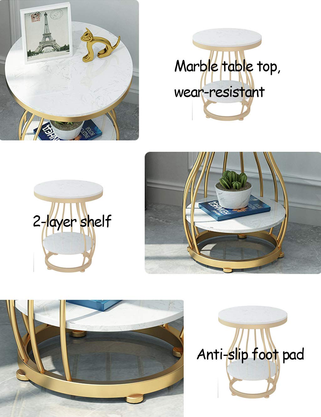 White Marble Coffee Table with Storage Shelf - 2-Tier Modern Side Table for Living Room, Bedroom, Office & Balcony - Elegant Console & End Table with Storage Space for Home Decor & Organization