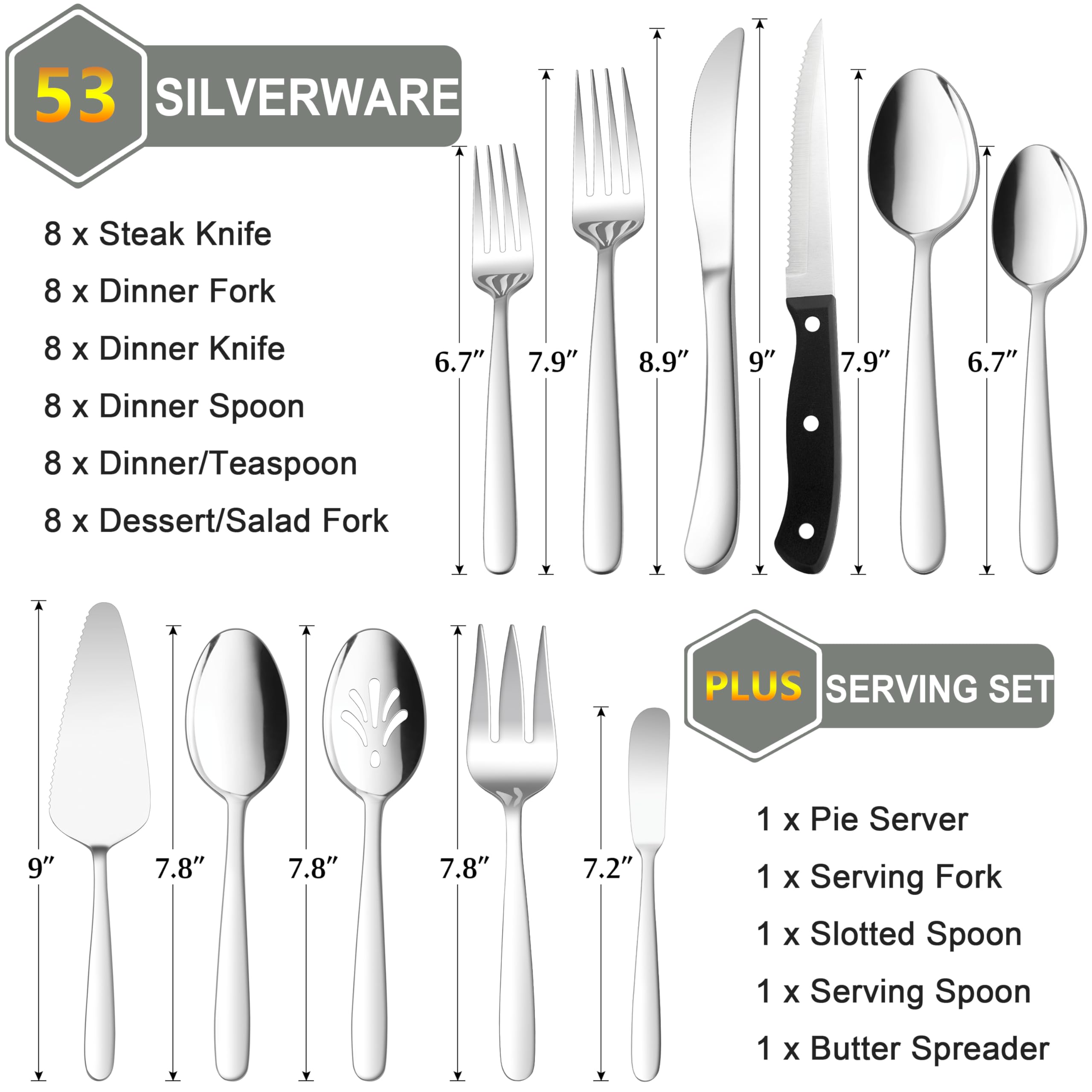 Premium 53-Piece Stainless Steel Flatware Set for 8 - Heavy Duty Silverware with Steak Knives & Serving Utensils, Mirror Finish & Dishwasher Safe - Perfect for Dinner Parties, Restaurants, and Everyday Dining