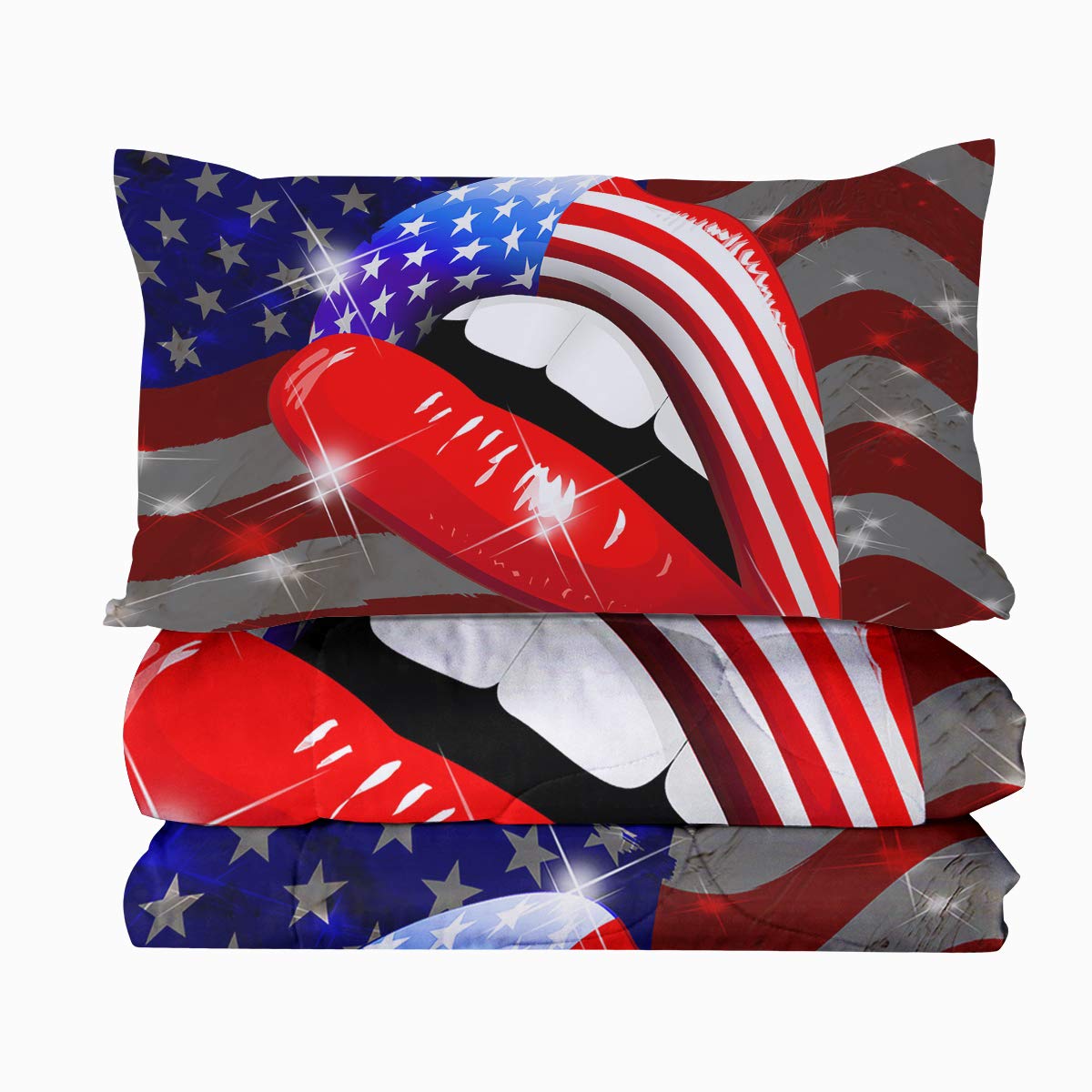 BlessLiving USA Patriotic American Flag Lipstick Comforter Set - Red White Blue Stars & Stripes 3D Reversible Bedding (3-Piece, Twin/Twin XL) | All-Season Duvet Cover for Home Decor, Guest Room & Patriotic Holidays