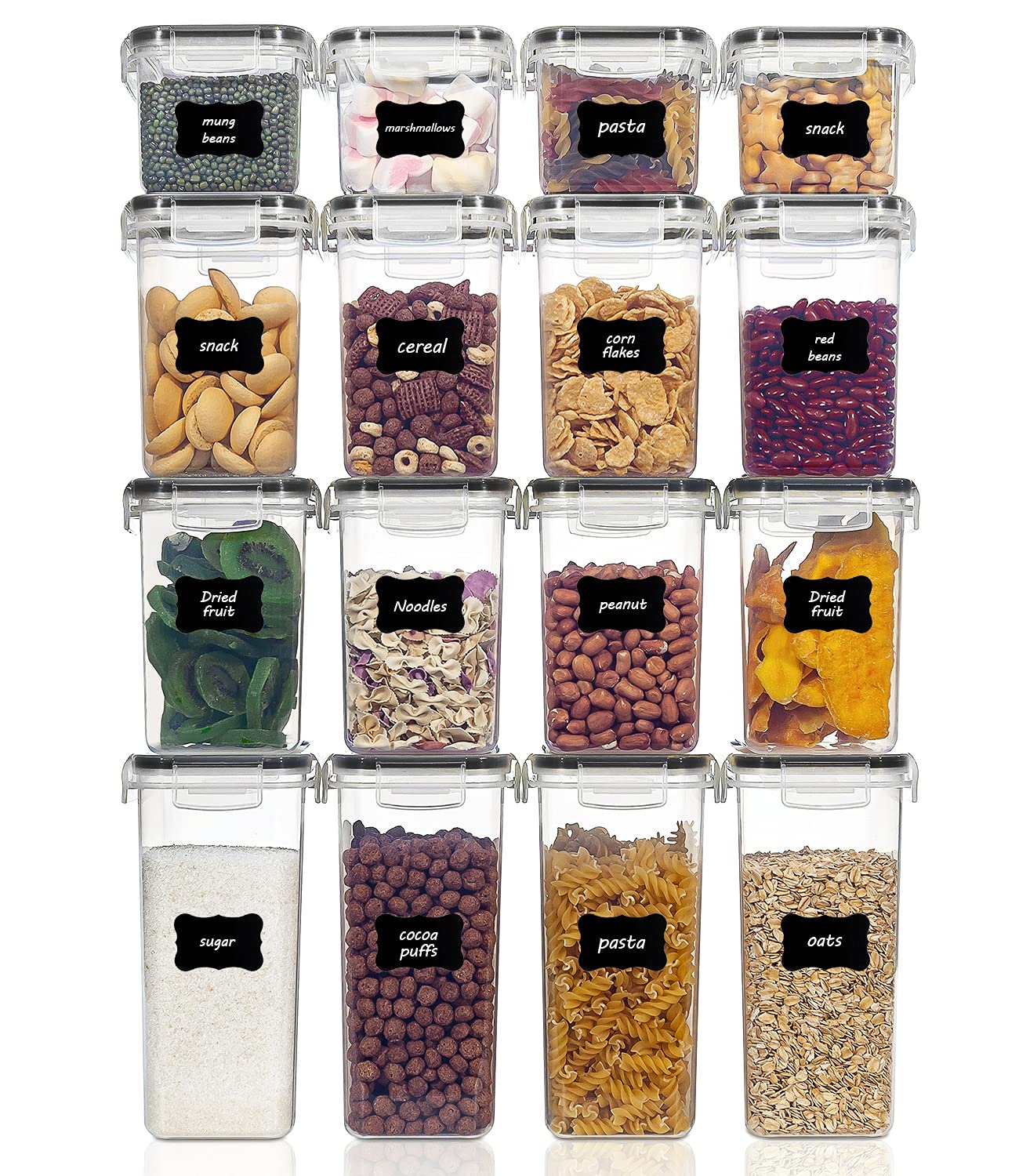 Vtopmart 16-Piece Airtight Food Storage Containers Set - BPA-Free Plastic Kitchen Organizers for Flour, Sugar, Pasta & Dry Goods - Includes 24 Labels (Black) | Perfect for Pantry Organization, Meal Prep & Bulk Food Storage