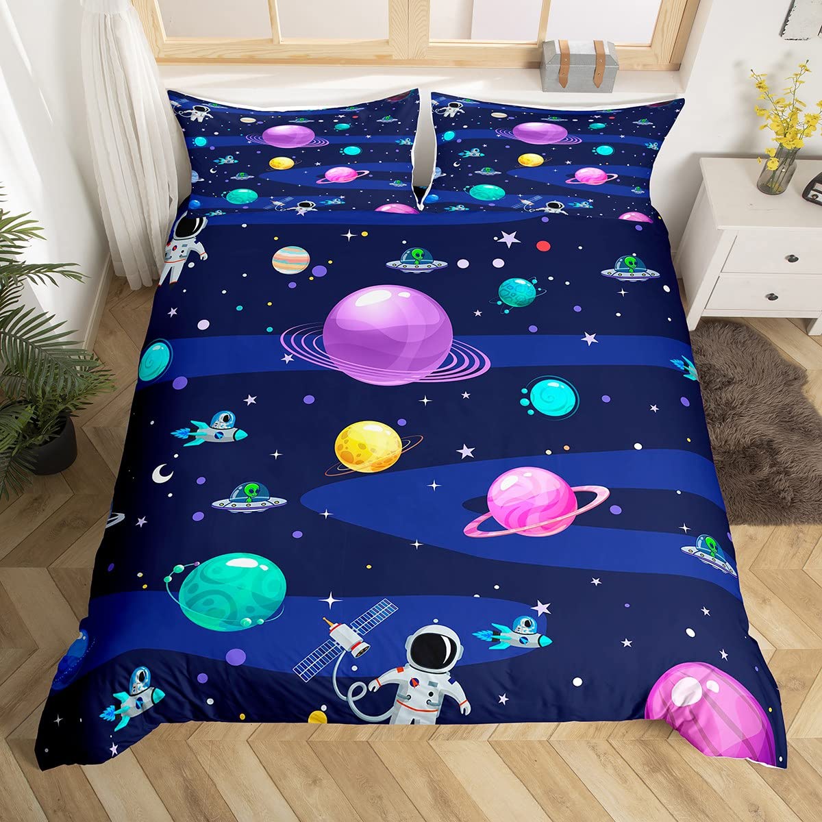 **Galaxy Bedding Set Twin Size - Astronaut Duvet Cover for Kids, Universe Outer Space Planet Comforter Set, Solar System Rocket Spacecraft Quilt Cover, Cosmic Moon Starry Sky Bedroom Decor - Perfect for Kids' Room, Space-Themed Nursery & Gift Ideas**