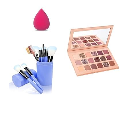 KAARM 12-Piece Professional Makeup Brush Set with Beauty Blender Sponge & 18-Color Nude Eyeshadow Palette - Complete Cosmetic Kit for Makeup Artists and Beginners, Perfect for Daily Use, Bridal, and Party Makeup Looks