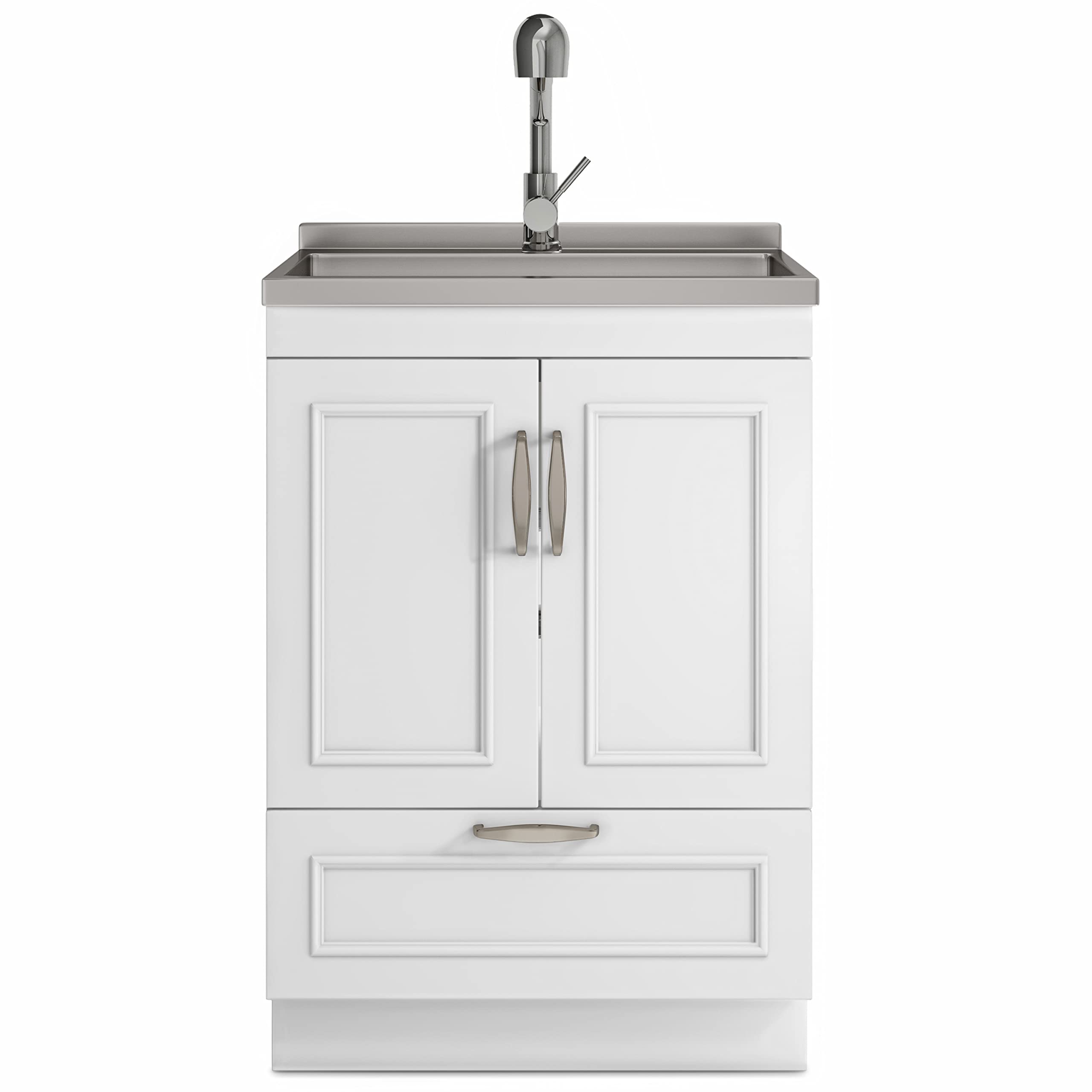 SIMPLIHOME 24-inch White Utility Sink Cabinet with Faucet - Stainless Steel Laundry Sink & Storage Drawer - Perfect for Laundry Room, Garage, Mudroom, Basement & Workshop Organization