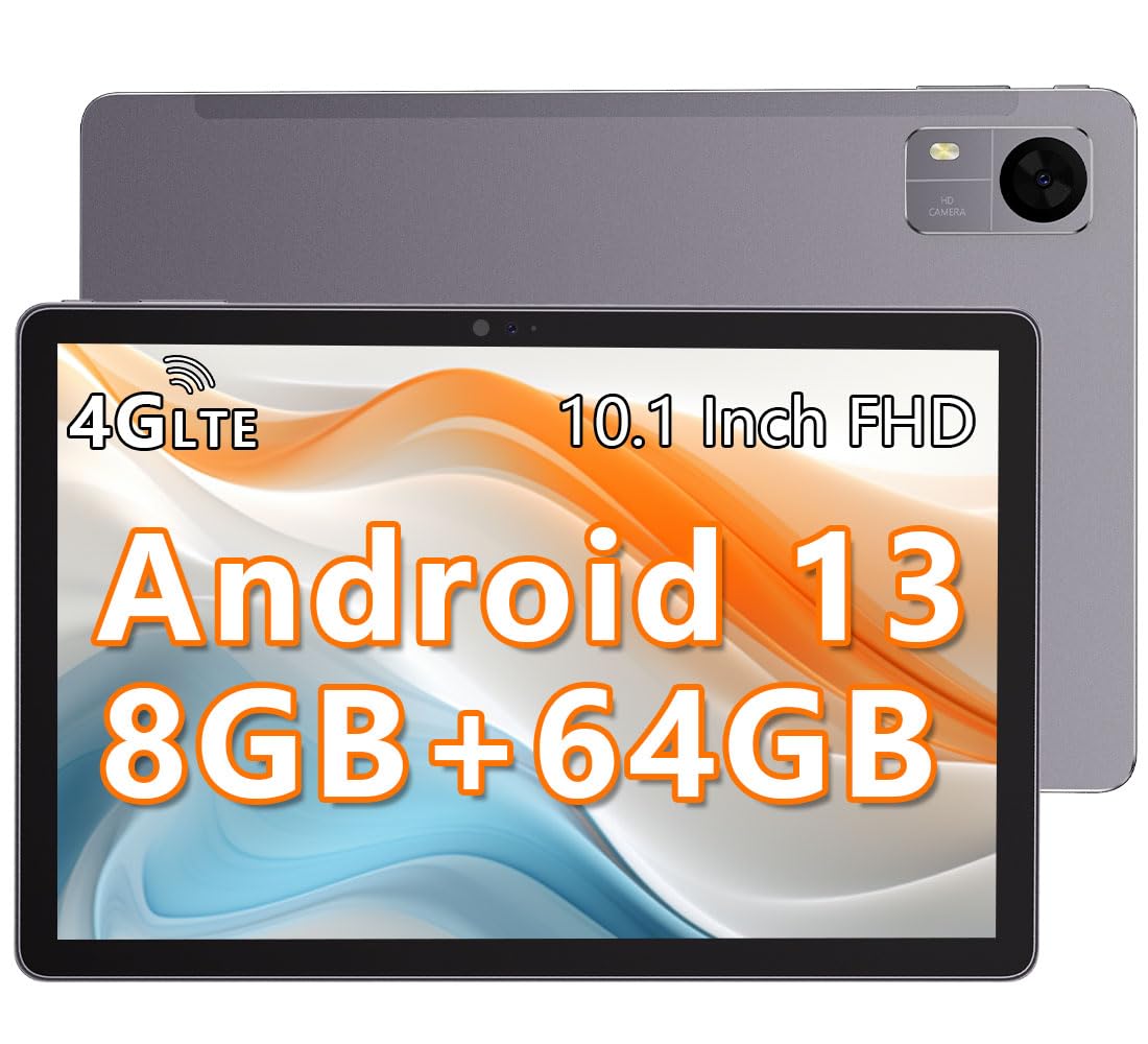 10 Inch Android 13 Tablet with 4G LTE SIM Card & Phone Calling - 8GB RAM, 64GB ROM, Octa-Core Processor, HD IPS Screen (1280x800), 5MP+8MP Dual Camera, Bluetooth 5.0, 5G WiFi, GPS - Perfect for Work, Travel & Entertainment (Black)