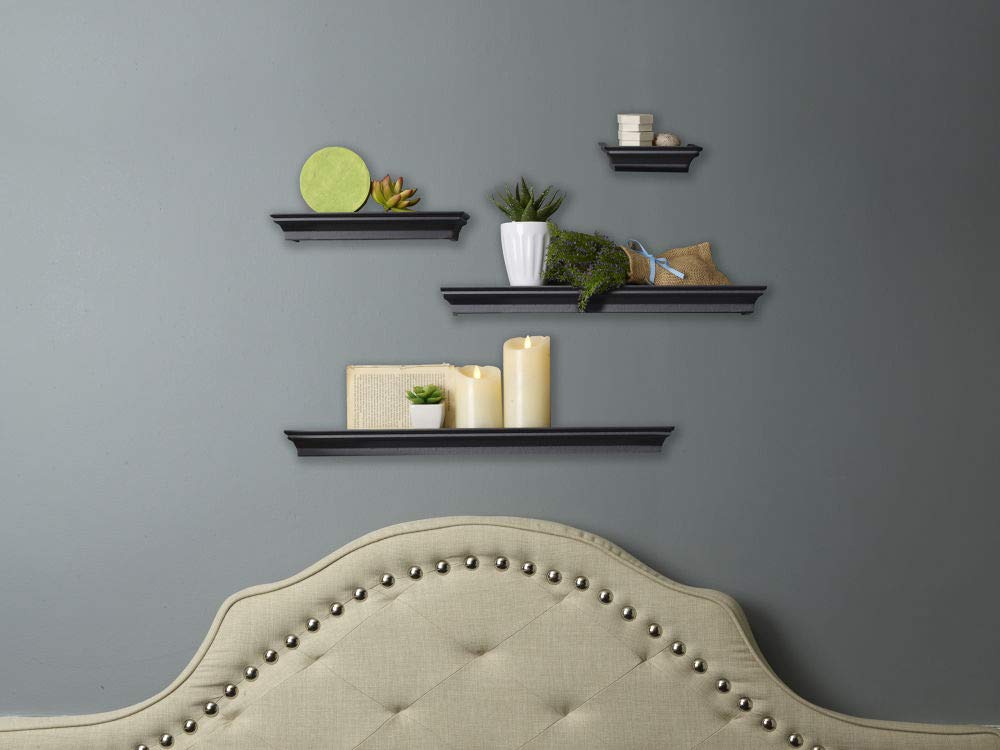 Melannco Floating Wall Shelves Set of 4 - Modern Black Wall Shelves for Bedroom, Living Room, Bathroom, Kitchen & Nursery - Space Saving Storage Solution for Home Decor, Books & Display Items