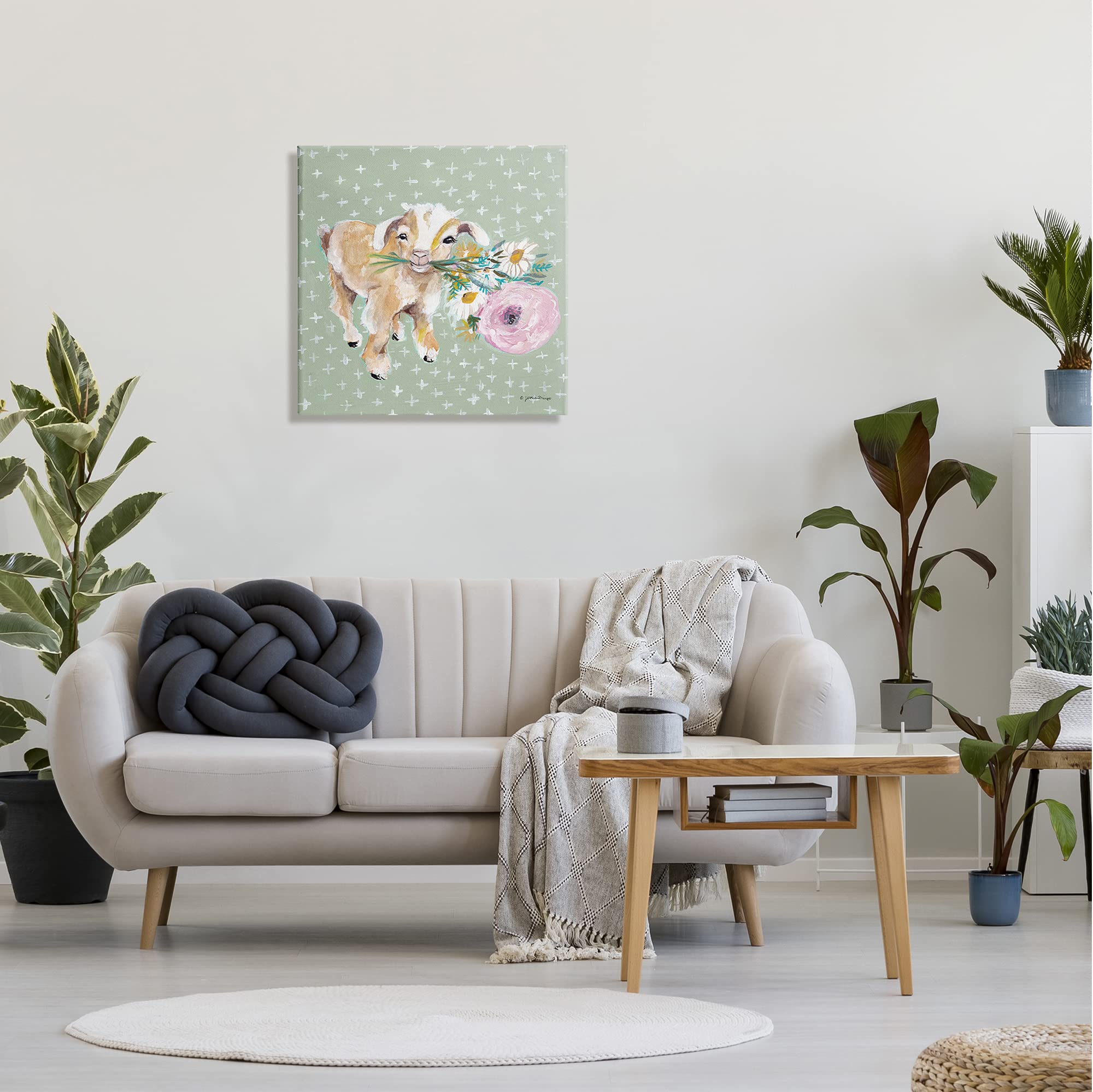 Stupell Industries Attentive Buckling Goat Offering Flowers Framed Wall Art - Whimsical Farmhouse Decor by Jessica Mingo - Perfect for Nursery, Living Room or Country Style Home Decor