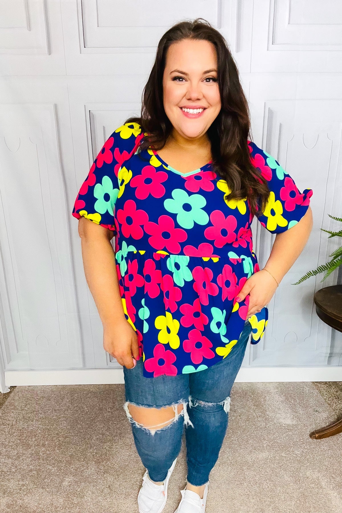 Haptics Navy Blue Floral Print Bubble Sleeve Babydoll Raglan Top - Casual Chic Blouse for Women, Perfect for Date Nights & Summer Outfits