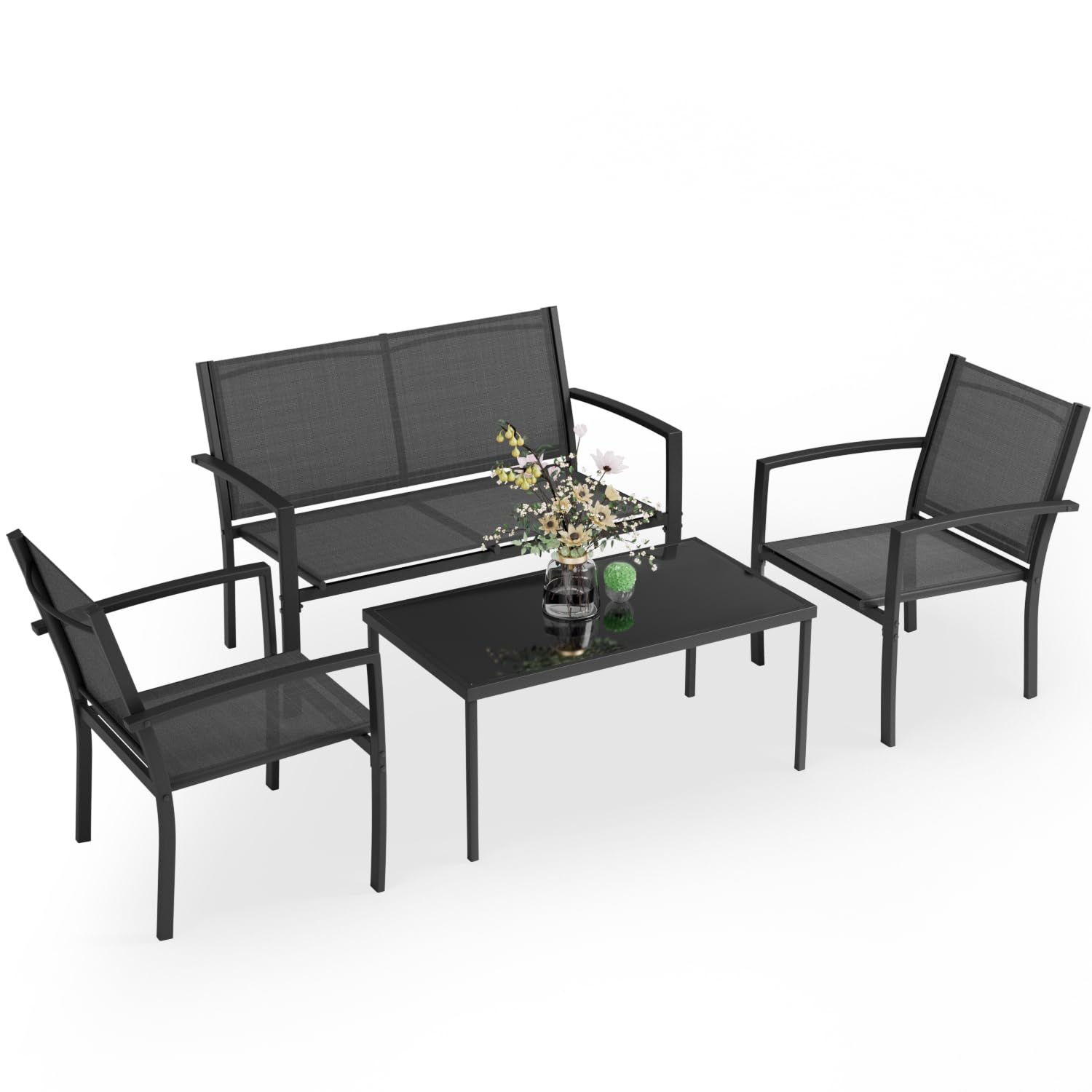 Greesum 4-Piece Outdoor Patio Furniture Set with Glass Coffee Table - Black Conversation Set for Garden, Lawn, Poolside & Backyard Relaxation | Perfect for Outdoor Entertaining & Lounging