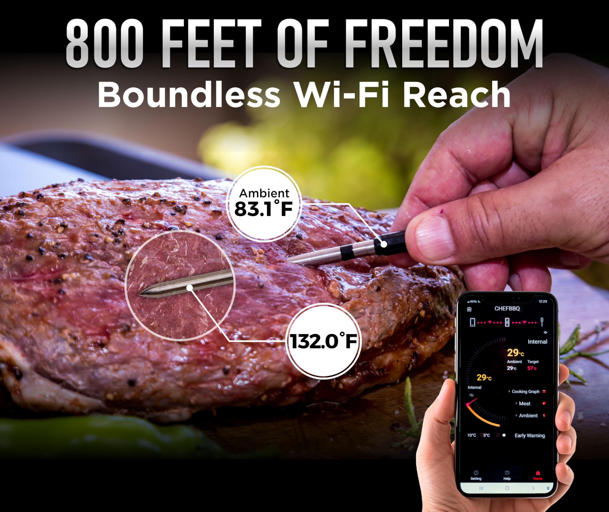Wireless Meat Thermometer for BBQ Grilling - Digital Cooking Thermometer with Bluetooth & CHEFBBQ APP - Accurate Temperature Sensor for Smoking, Roasting, Baking - Perfect for Outdoor Cooking, Backyard Parties & Home Kitchen Use