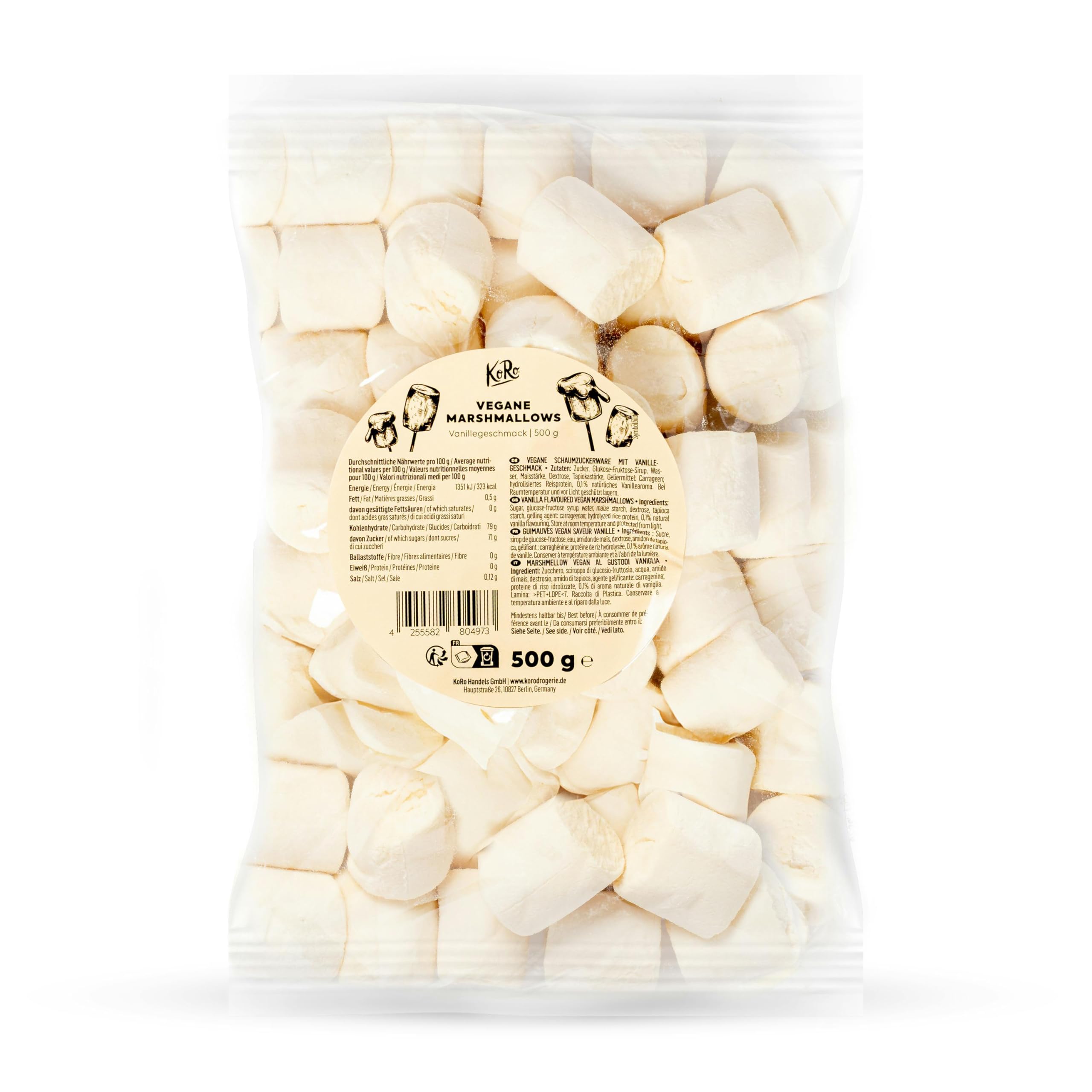 KoRo Vegan Marshmallows 500g - Extra Large Soft & Sweet Vanilla Flavored Marshmallows - Perfect for Hot Chocolate, Campfire S'mores & Baking Desserts