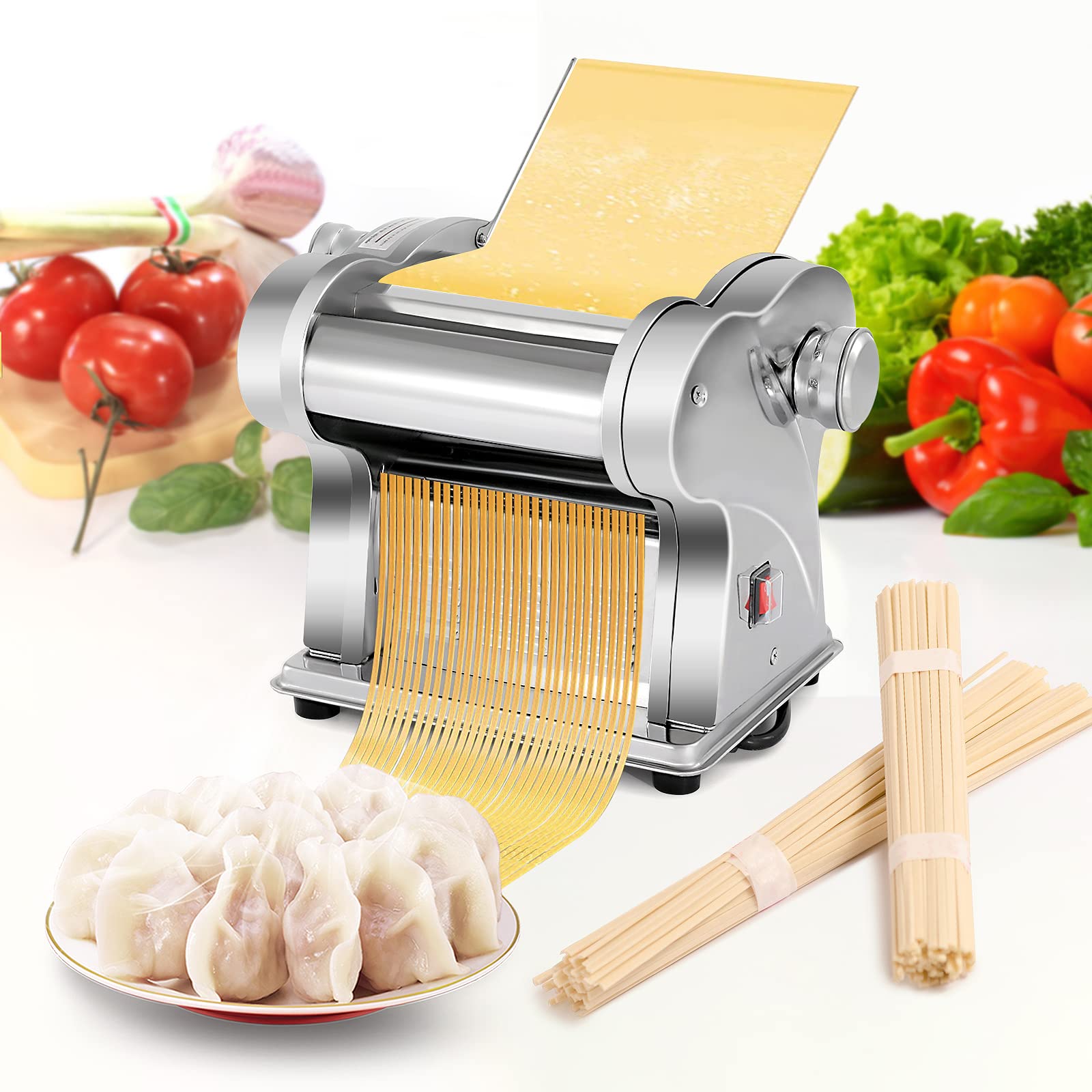 WICHEMI Electric Pasta Maker Machine - 135W Stainless Steel Pasta Dough Roller & Noodle Press for Spaghetti, Fettuccine | Includes 1.5mm & 4mm Flat Noodle Attachments | Perfect for Home Kitchen & Italian Cooking