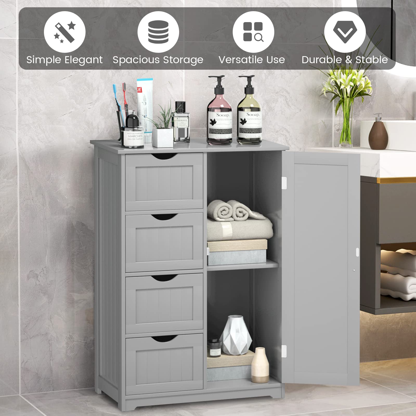 COSTWAY Wooden Bathroom Storage Cabinet - Freestanding 4-Drawer Organizer with Adjustable Shelf, Modern Floor Cabinet for Bathroom, Living Room, Kitchen & Entryway (Grey) | Perfect for Small Space Organization & Home Decor