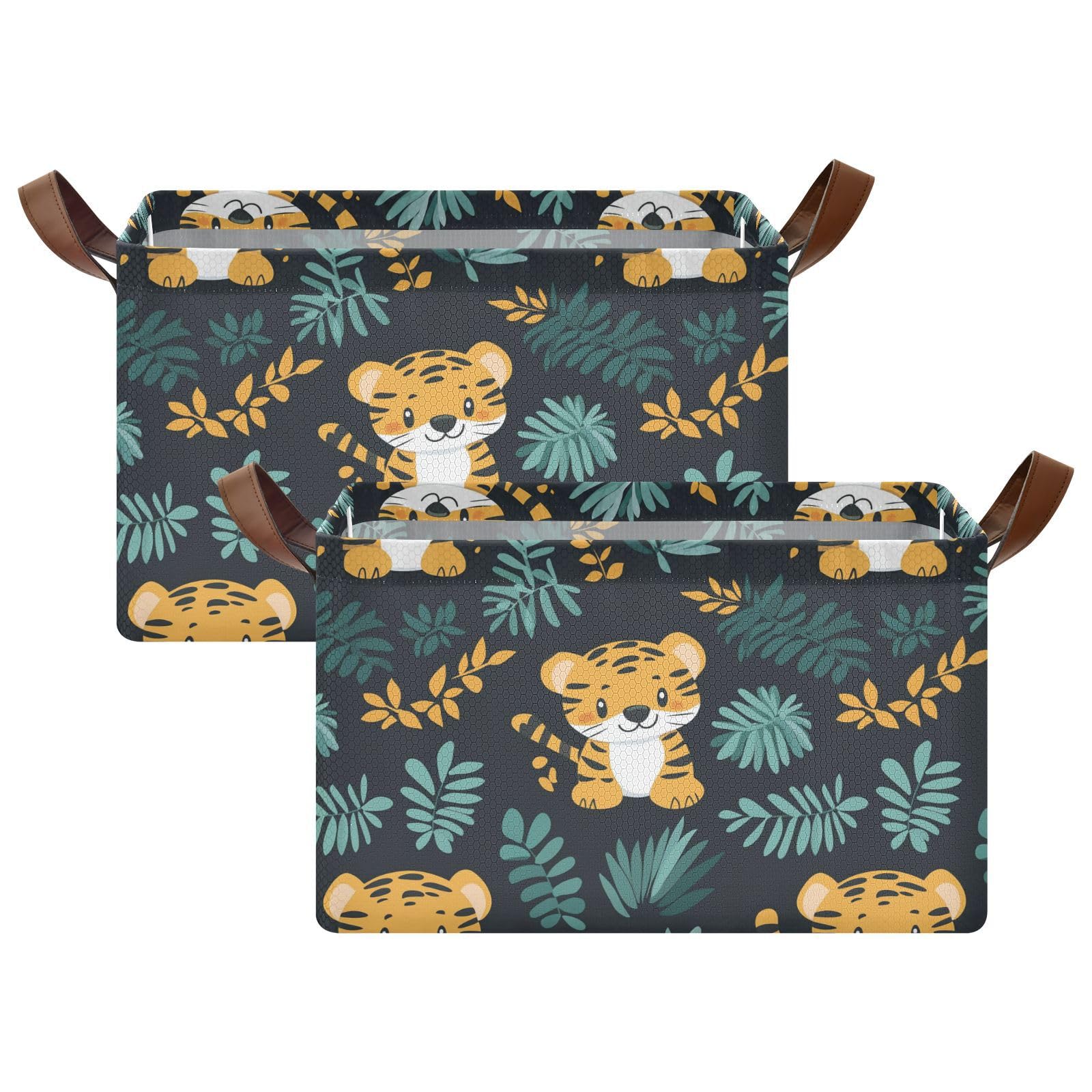 Collapsible Storage Baskets with Handles - Jungle Cute Animal Tigers Fabric Closet Organizer for Clothes, Pantry, Shelves & Drawers | Sturdy Desktop & Classroom Office Storage Solution for Home Organization