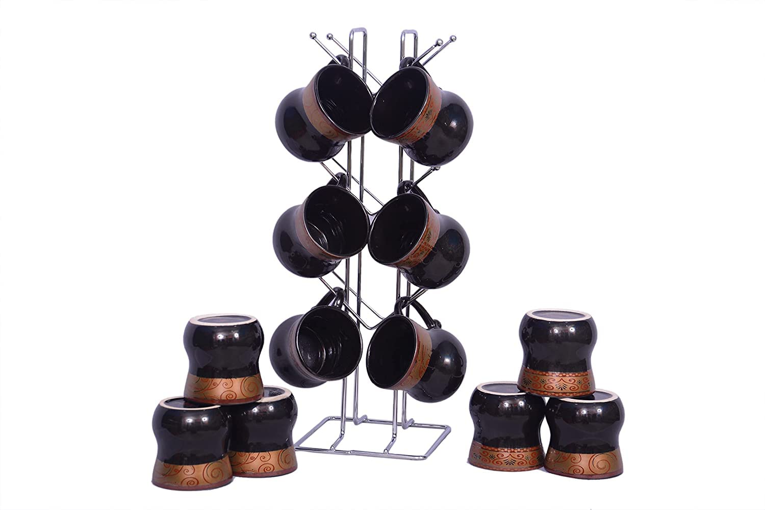 12-Piece Multipurpose Stainless Steel Spice Rack & Cup Holder - 2-Tier Kitchen Storage Shelf with 12 Hooks for Mugs, Spices & Utensils - Perfect for Coffee Bars, Pantry Organization & Small Space Storage