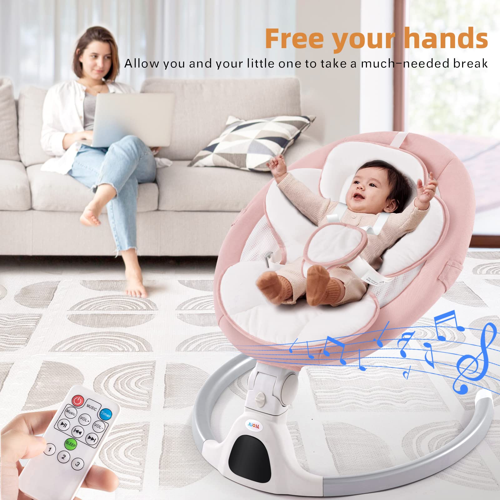 Jaoul Baby Swing for Infants - Electric Portable Infant Swing with Bluetooth, Touch Screen & Remote Control - 5 Speed Settings & 3 Reclining Positions - Baby Bouncer for Newborns (Pink) - Perfect for Nursery, Travel & Soothing Fussy Babies
