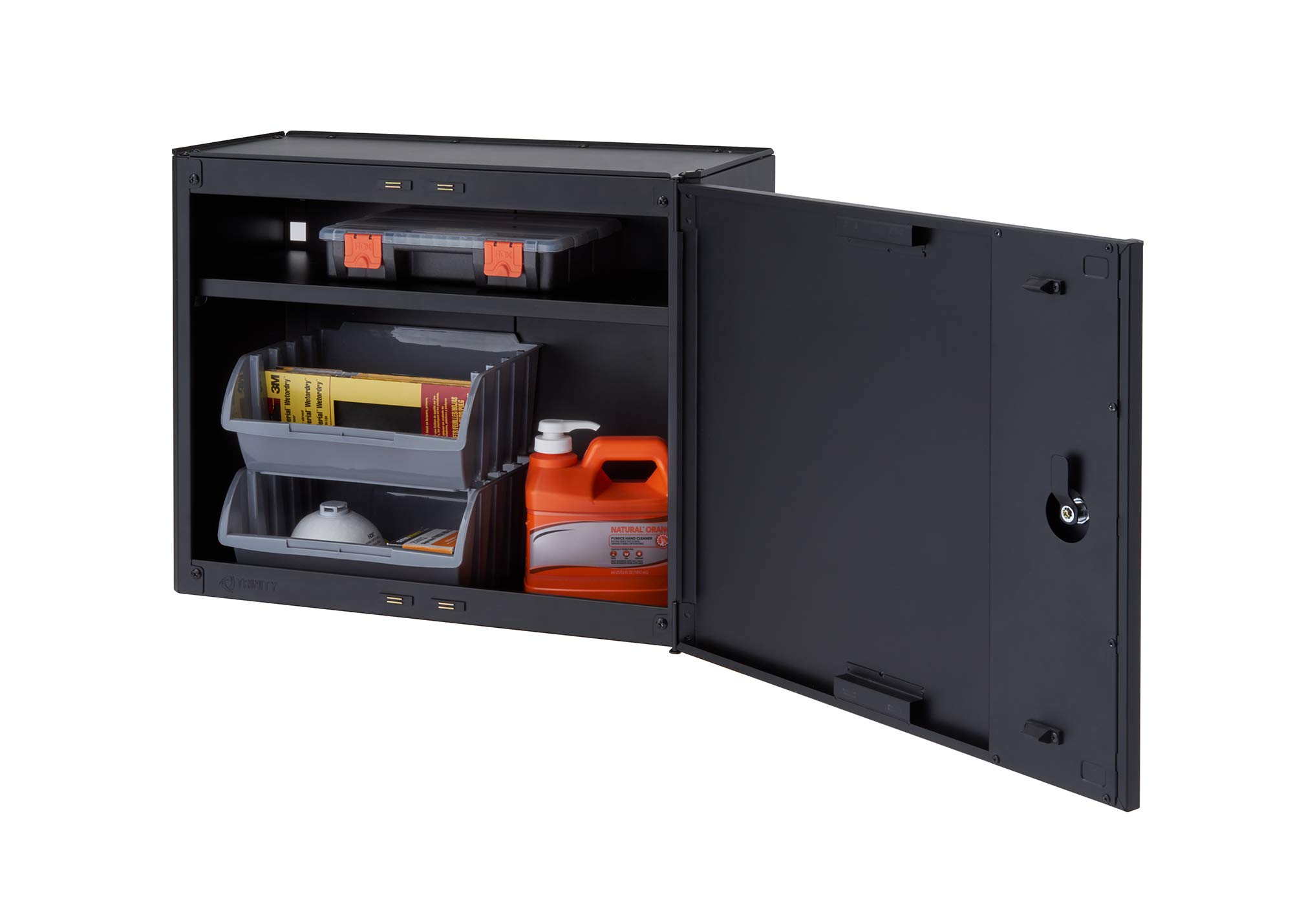 TRINITY 24 Inch Heavy Duty Steel Wall Mount Garage Storage Cabinet - 22 Gauge Metal Wall-Mounted Organizer with Adjustable Shelf & Reversible Door for Tools, Cleaning Supplies, Sports Equipment - Perfect for Garage, Workshop, Basement and Utility Room Organization (Black)