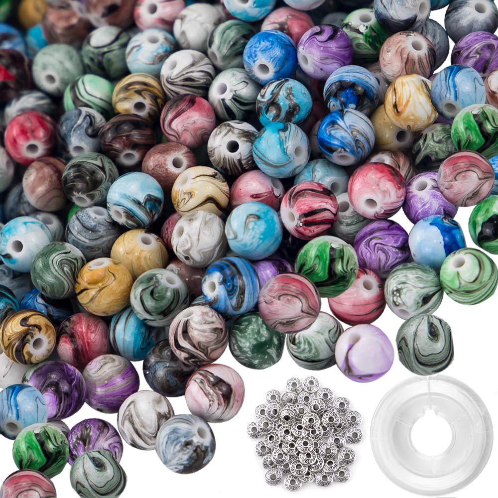 500pcs Colorful Acrylic Craft Beads for DIY Jewelry Making - 8mm Space Beads with Ink Patterns, Includes 50pcs Spacer Beads & Crystal String - Perfect for Bracelets, Necklaces & Handmade Gifts